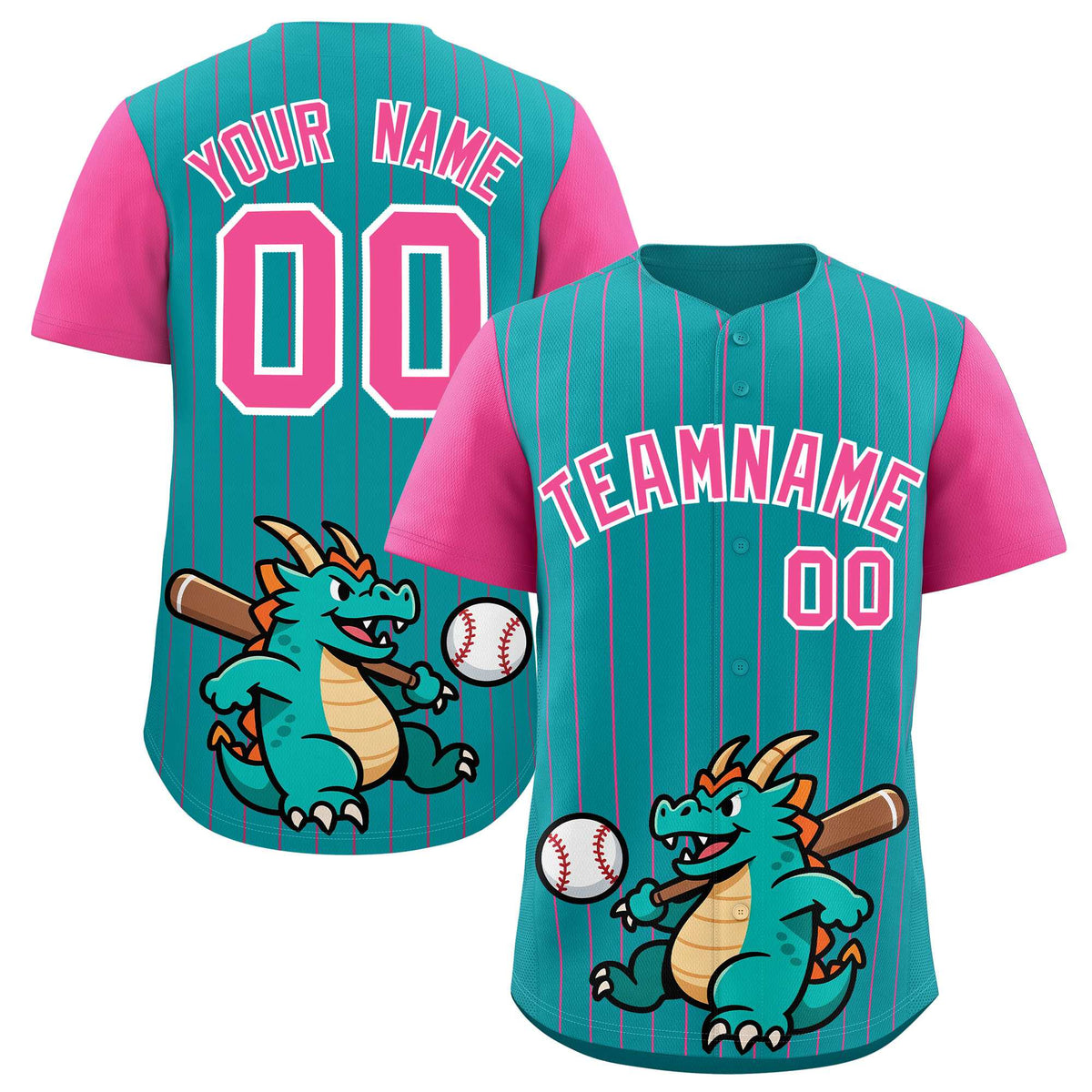 Custom Aqua Pink Stripe Animals Graffiti Pattern Raglan Sleeves Authentic Baseball Jersey