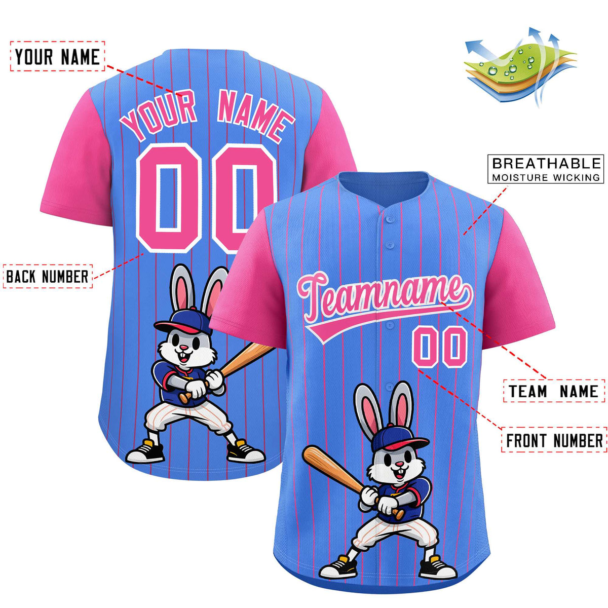 Custom Light Blue Pink Stripe Animals Graffiti Pattern Raglan Sleeves Authentic Baseball Jersey