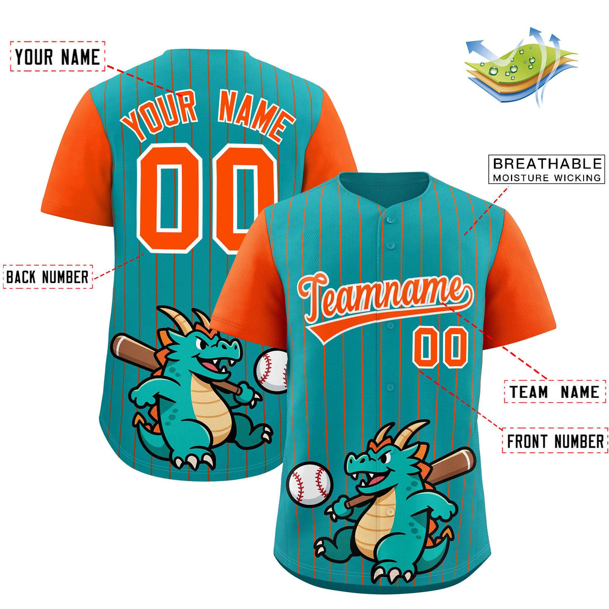 Custom Aqua Orange Stripe Animals Graffiti Pattern Raglan Sleeves Authentic Baseball Jersey