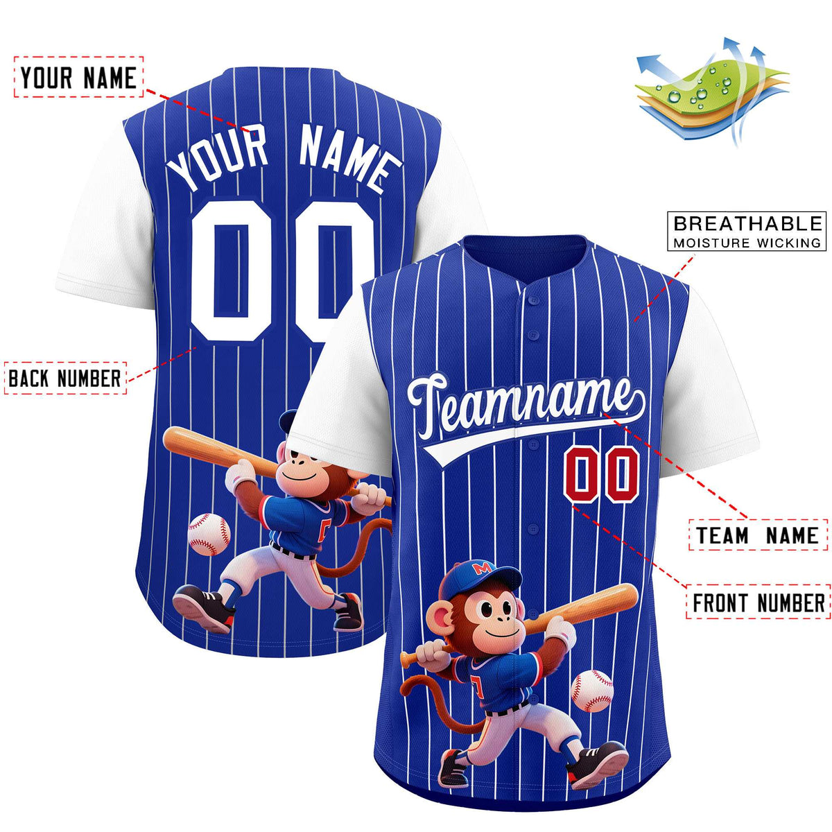 Custom Royal White Stripe Animals Graffiti Pattern Raglan Sleeves Authentic Baseball Jersey
