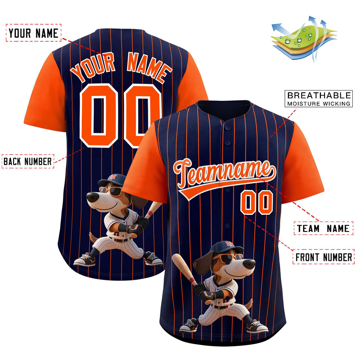 Custom Navy Orange Stripe Animals Graffiti Pattern Raglan Sleeves Authentic Baseball Jersey