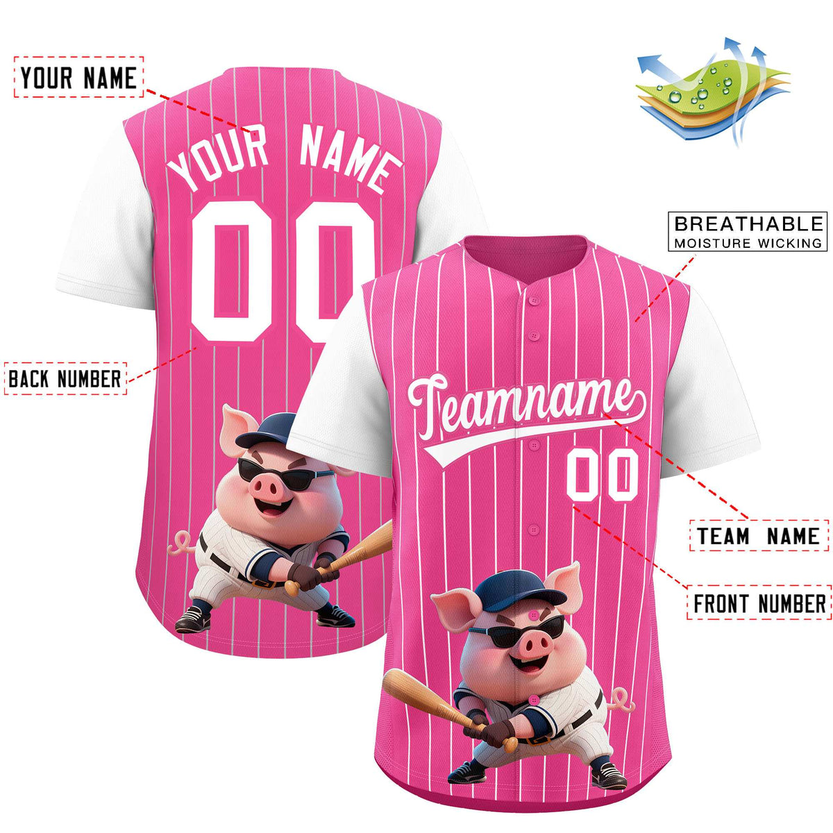 Custom Pink White Stripe Animals Graffiti Pattern Raglan Sleeves Authentic Baseball Jersey