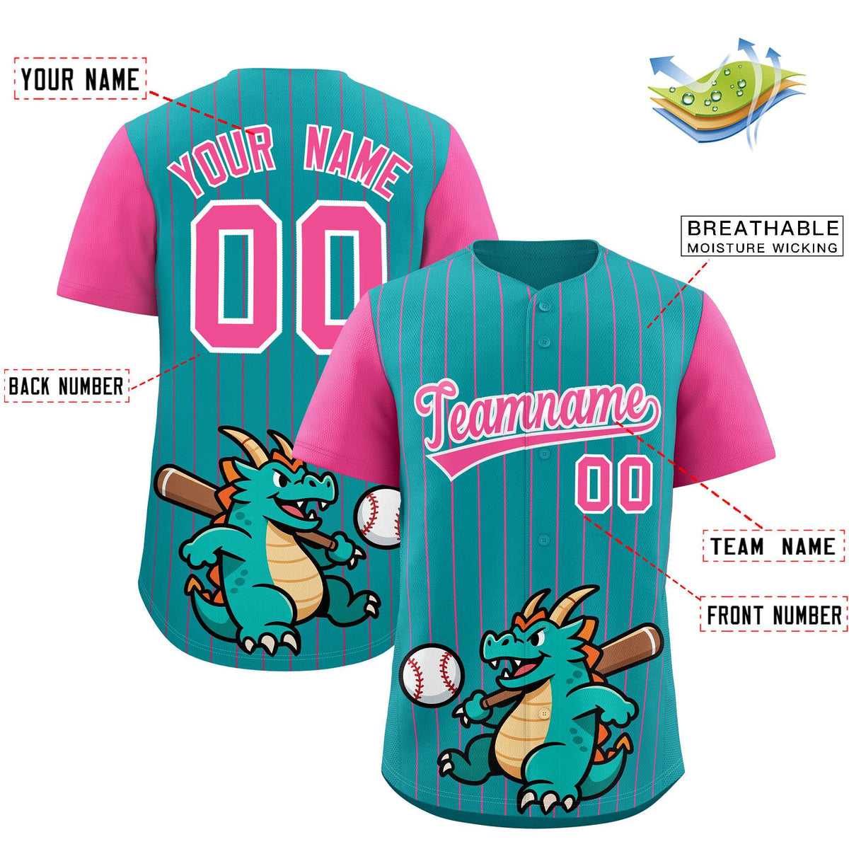 Custom Aqua Pink Stripe Animals Graffiti Pattern Raglan Sleeves Authentic Baseball Jersey