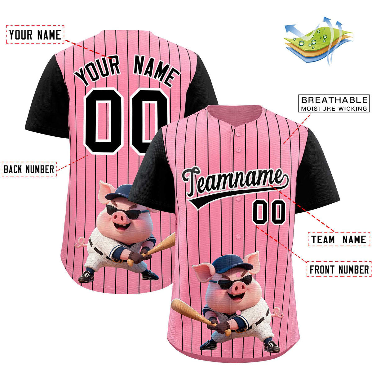 Custom Light Pink White Stripe Animals Graffiti Pattern Raglan Sleeves Authentic Baseball Jersey