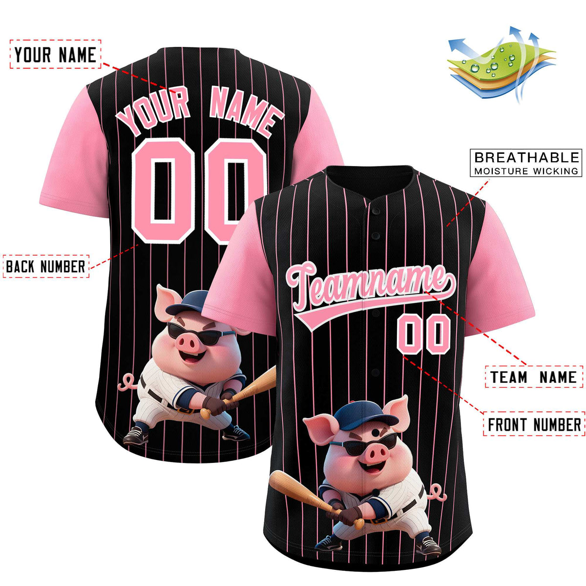 Custom Black Light Pink Stripe Animals Graffiti Pattern Raglan Sleeves Authentic Baseball Jersey