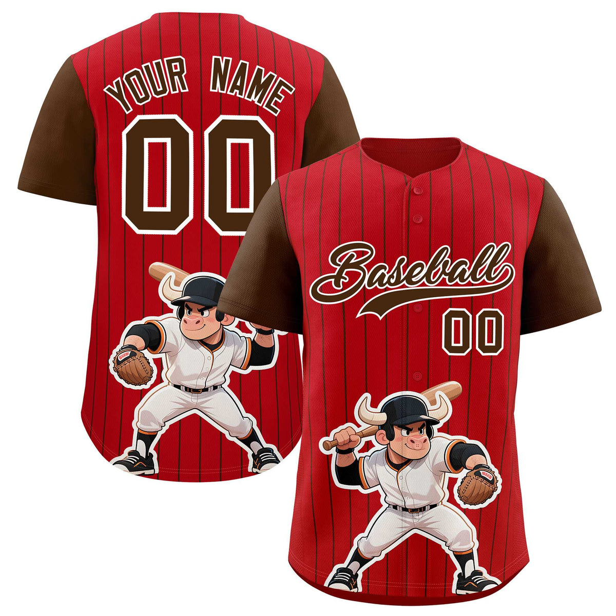 Custom Red Brown Stripe Animals Graffiti Pattern Raglan Sleeves Authentic Baseball Jersey