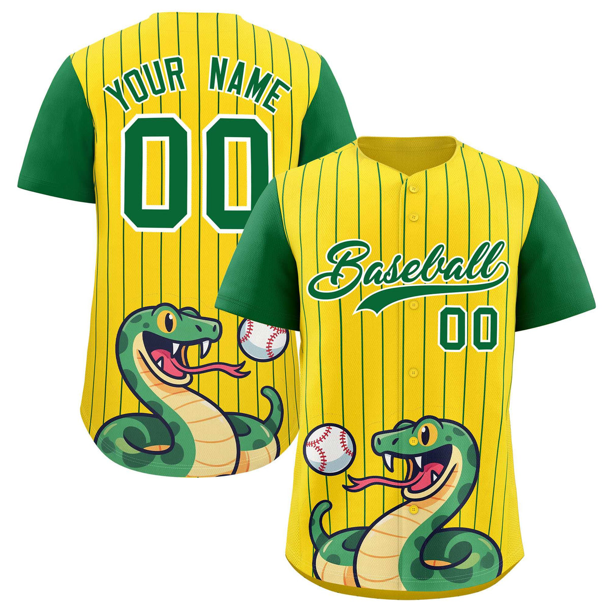 Custom Gold Kelly Green Stripe Animals Graffiti Pattern Raglan Sleeves Authentic Baseball Jersey