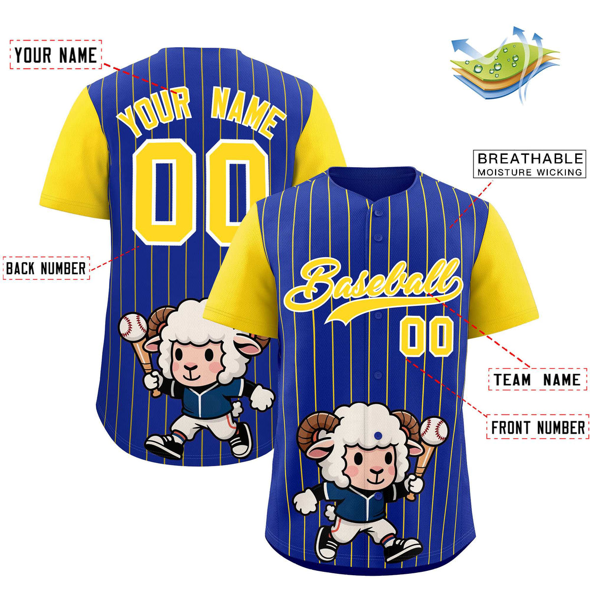 Custom Royal Gold Stripe Animals Graffiti Pattern Raglan Sleeves Authentic Baseball Jersey