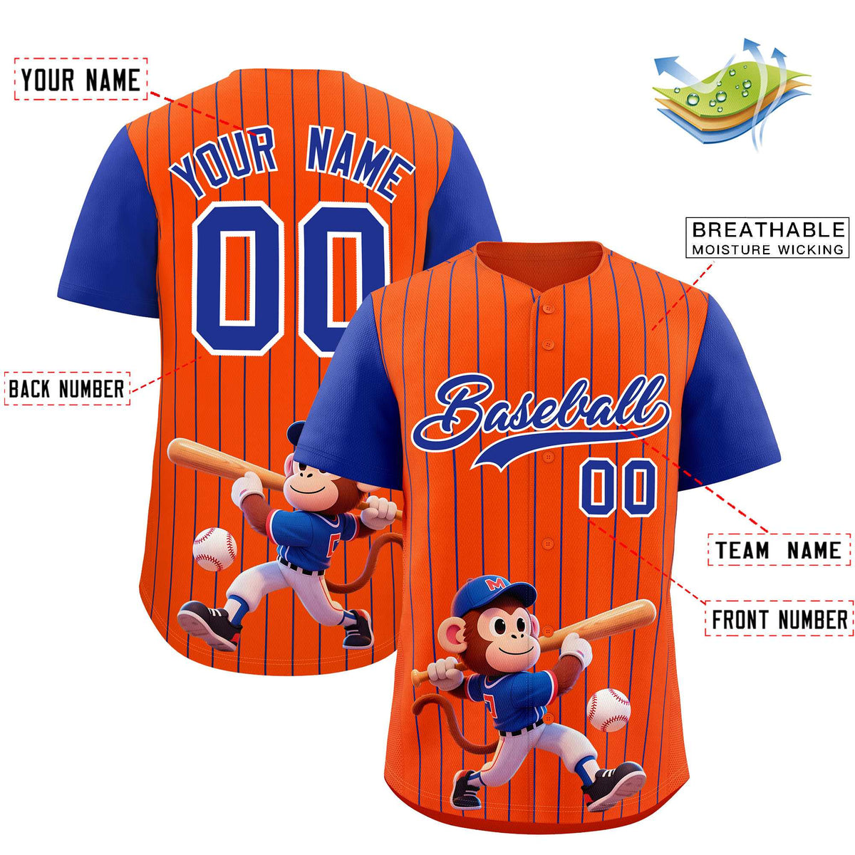 Custom Orange Royal Stripe Animals Graffiti Pattern Raglan Sleeves Authentic Baseball Jersey