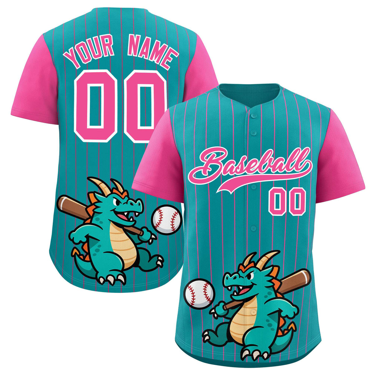 Custom Aqua Pink Stripe Animals Graffiti Pattern Raglan Sleeves Authentic Baseball Jersey