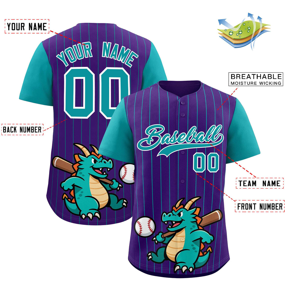 Custom Purple Aqua Stripe Animals Graffiti Pattern Raglan Sleeves Authentic Baseball Jersey