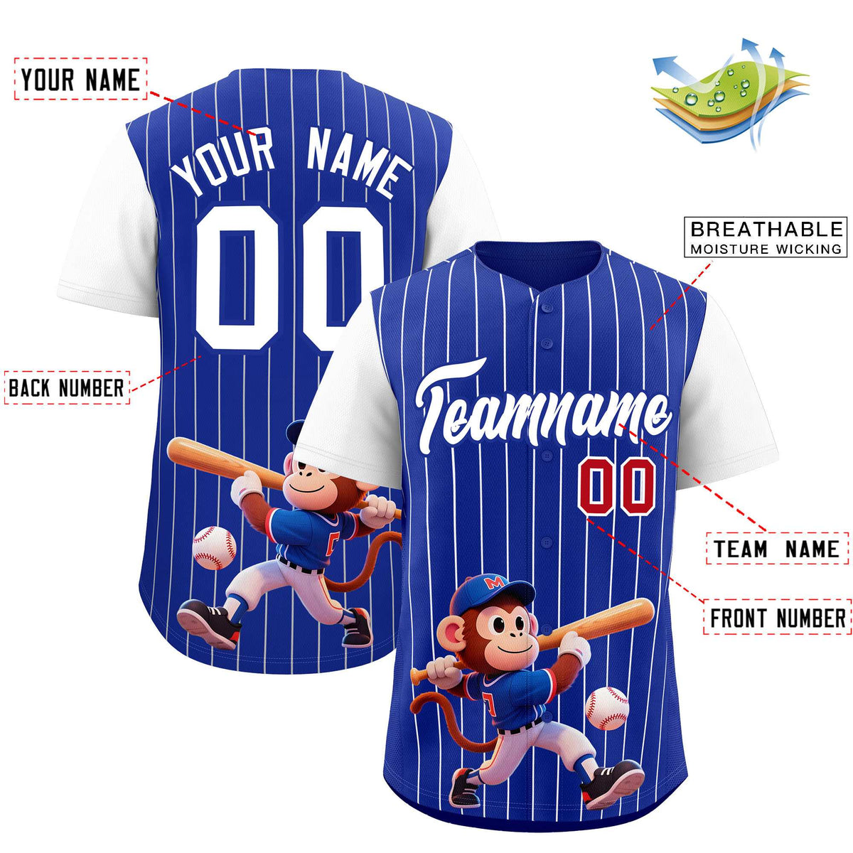 Custom Royal White Stripe Animals Graffiti Pattern Raglan Sleeves Authentic Baseball Jersey