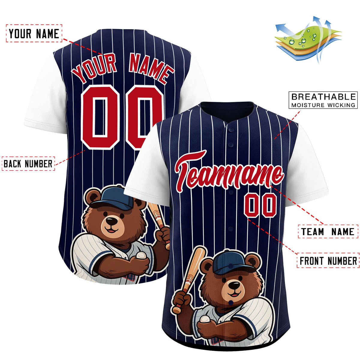 Custom Navy White Stripe Animals Graffiti Pattern Raglan Sleeves Authentic Baseball Jersey