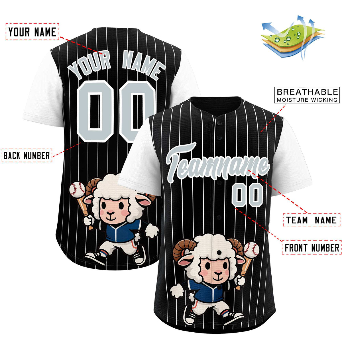 Custom Black White Stripe Animals Graffiti Pattern Raglan Sleeves Authentic Baseball Jersey