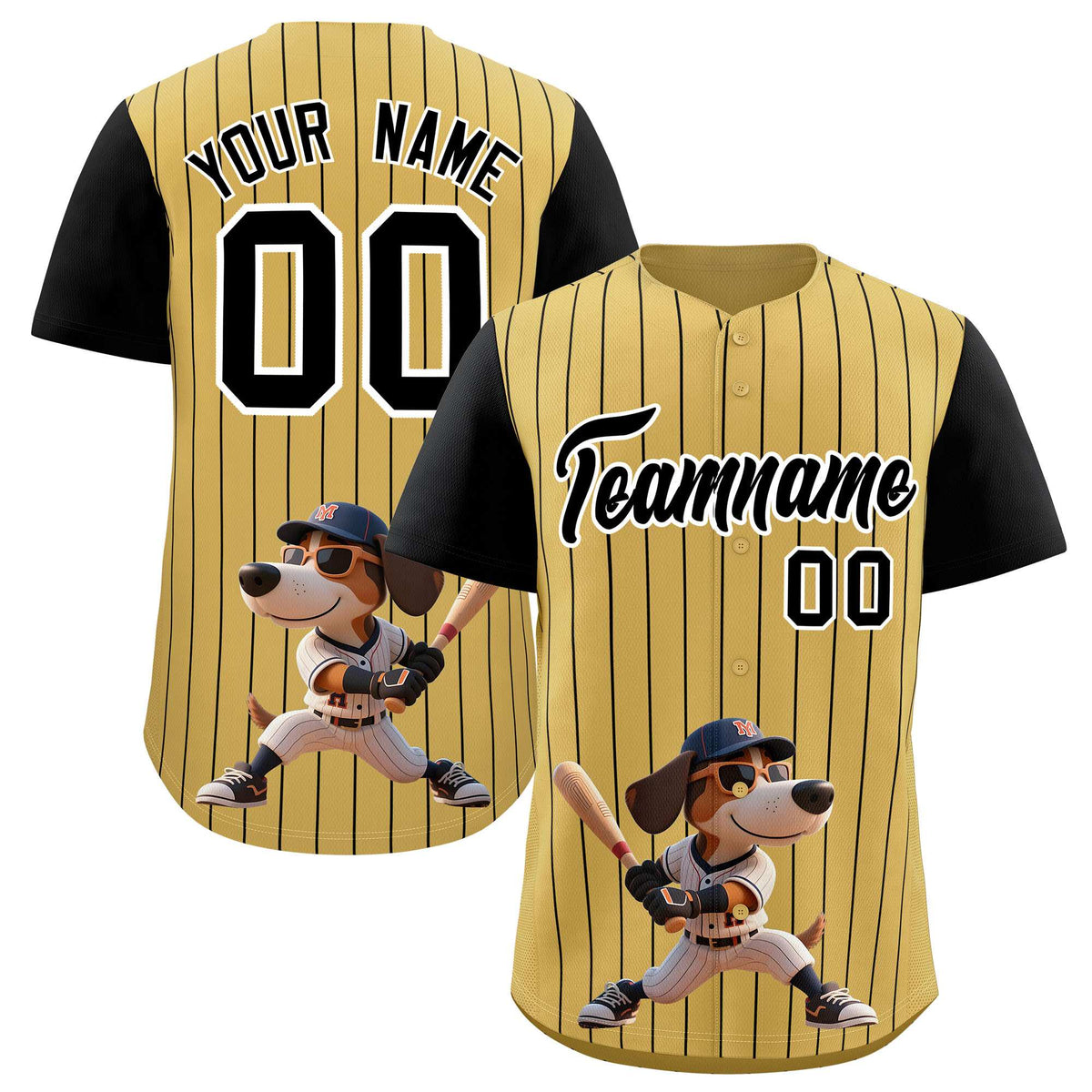 Custom Old Gold Black Stripe Animals Graffiti Pattern Raglan Sleeves Authentic Baseball Jersey