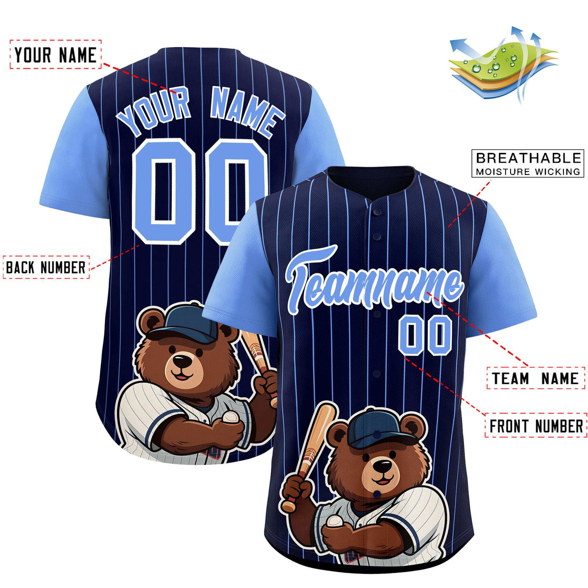 Custom Navy Light Blue Stripe Animals Graffiti Pattern Raglan Sleeves Authentic Baseball Jersey