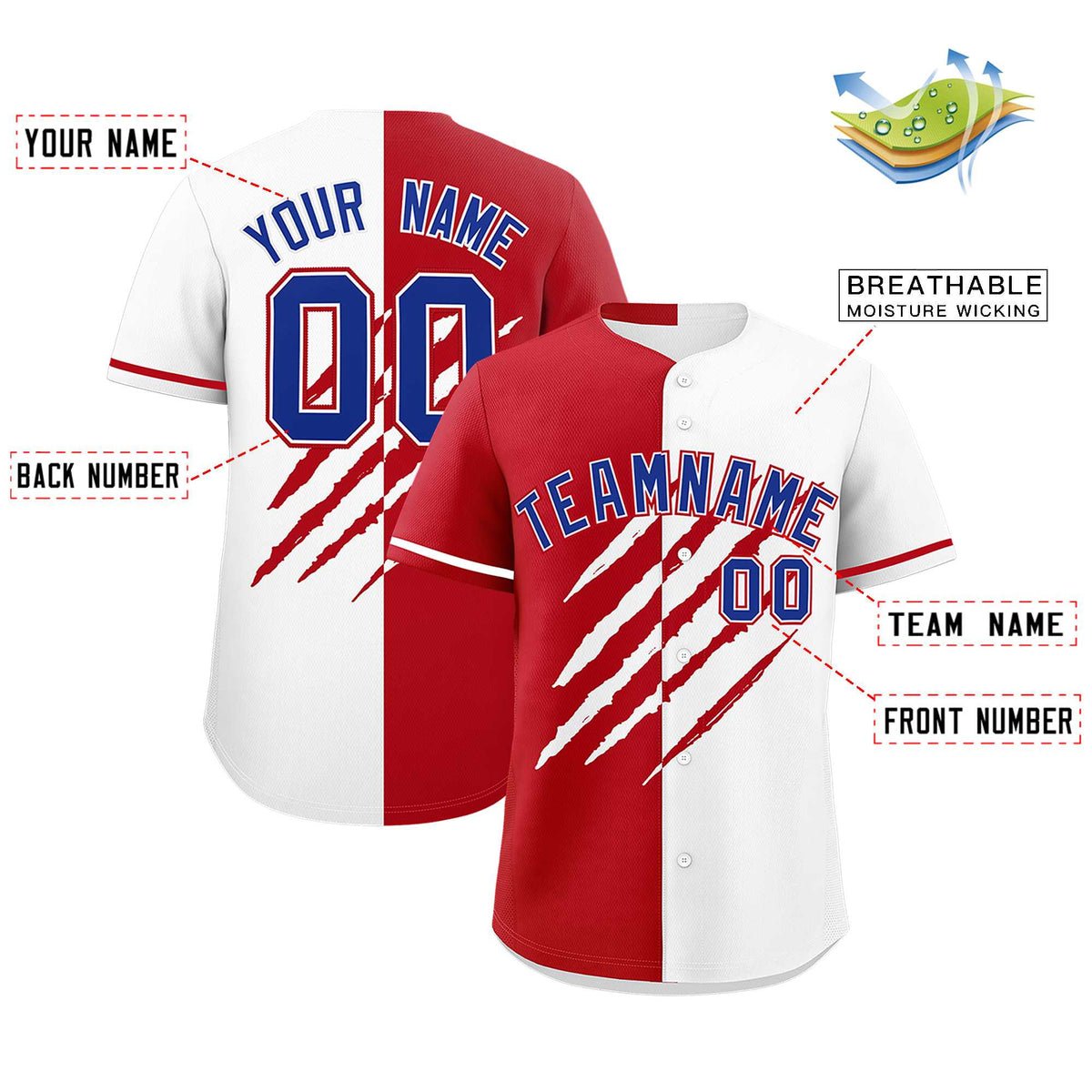 Custom Red White Split Tiger Claw Scratch Pattern Baseball Jersey