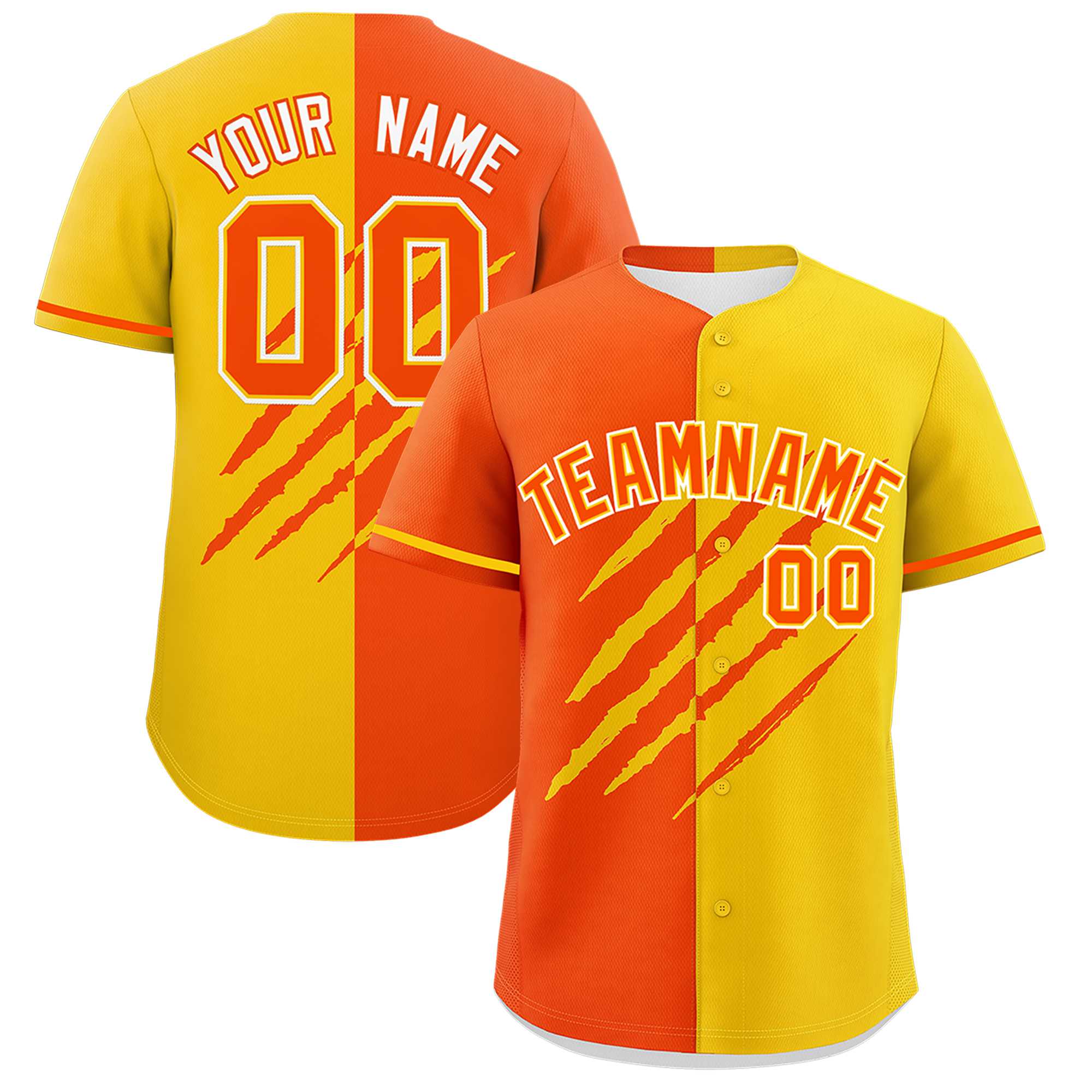 Custom Orange Gold Split Tiger Claw Scratch Pattern Baseball Jersey