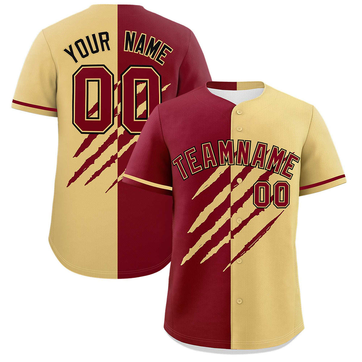 Custom Crimson Khaki Split Tiger Claw Scratch Pattern Baseball Jersey
