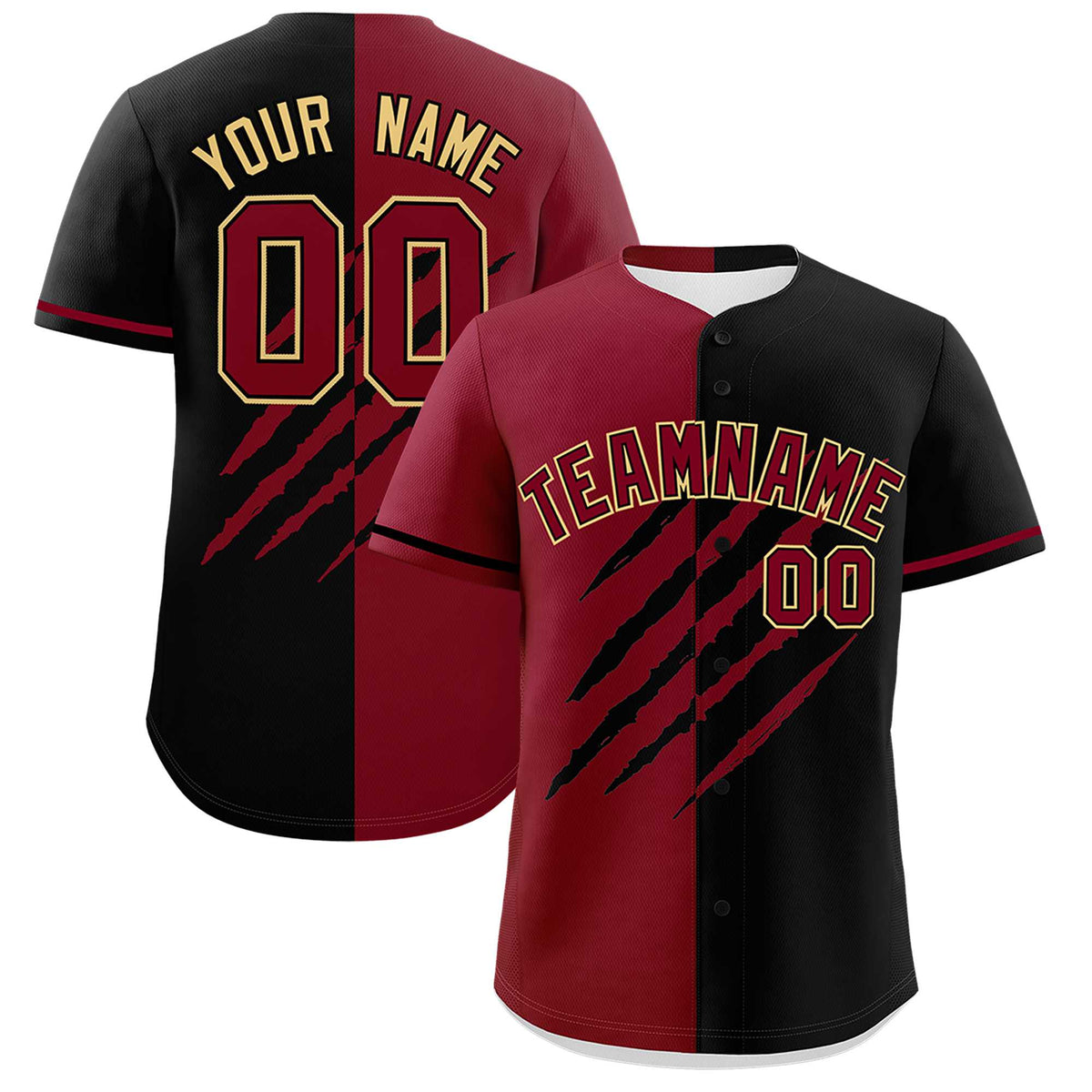 Custom Crimson Black Split Tiger Claw Scratch Pattern Baseball Jersey