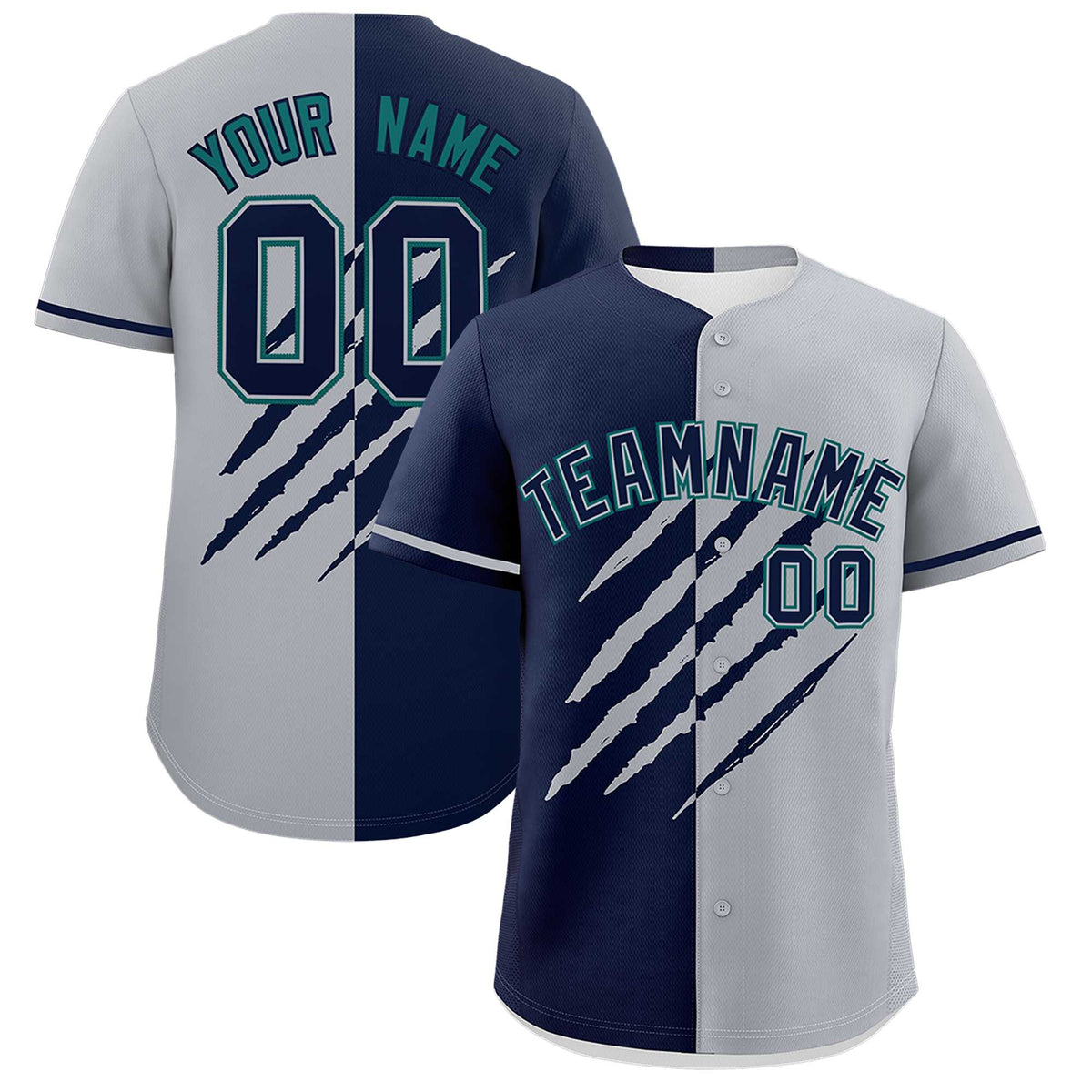 Custom Navy Gray Split Tiger Claw Scratch Pattern Baseball Jersey