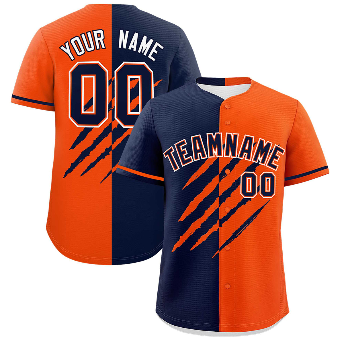 Custom Navy Orange Split Tiger Claw Scratch Pattern Baseball Jersey
