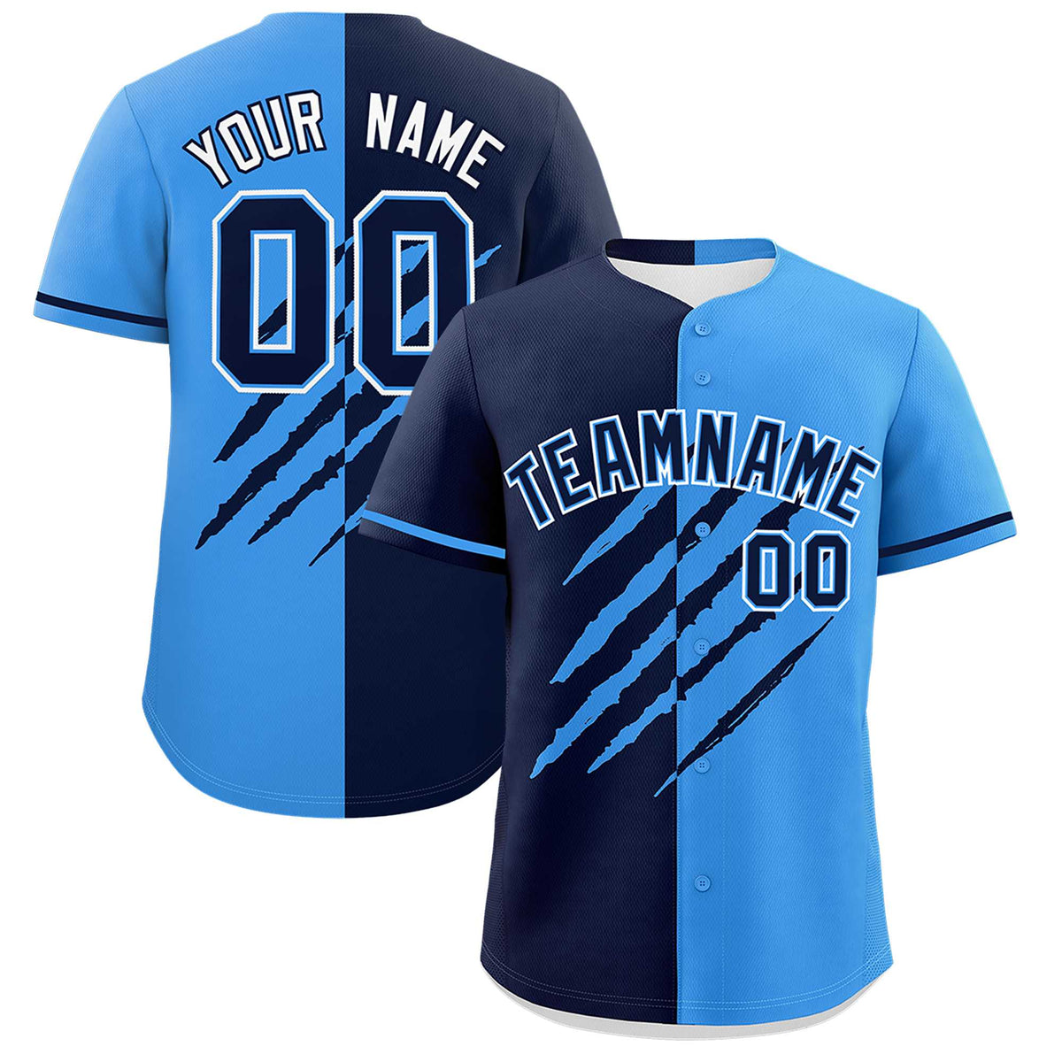 Custom Navy Powder Blue Split Tiger Claw Scratch Pattern Baseball Jersey