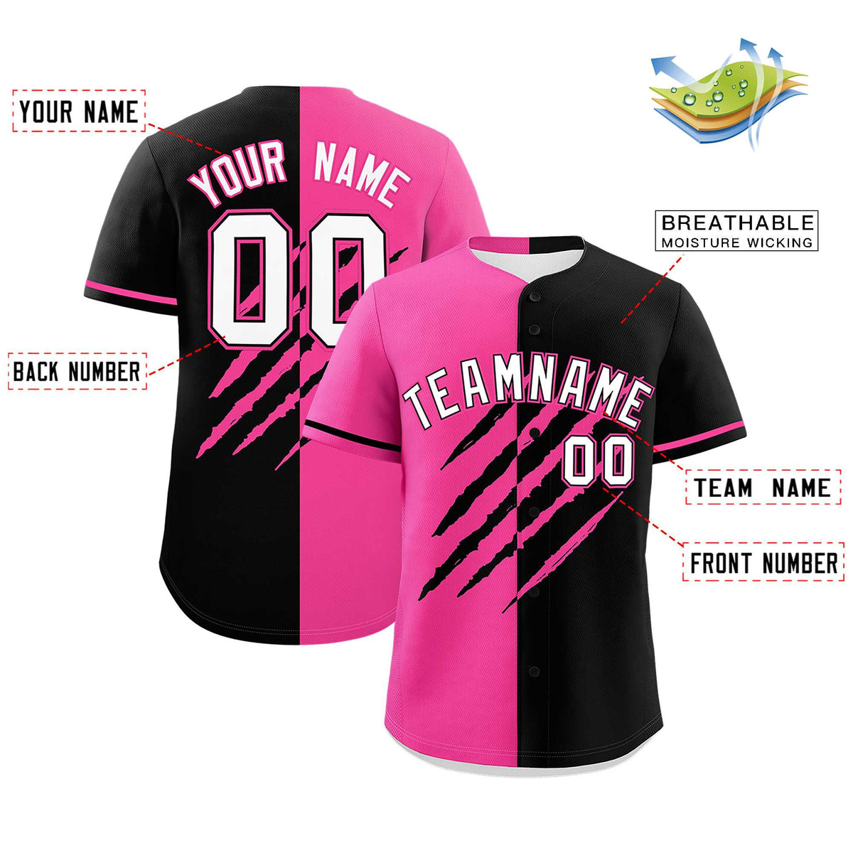 Custom Pink Black Split Tiger Claw Scratch Pattern Baseball Jersey