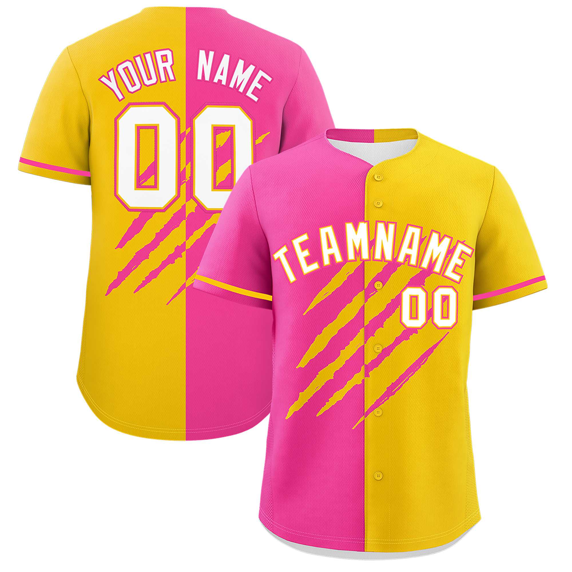 Custom Pink Gold Split Tiger Claw Scratch Pattern Baseball Jersey