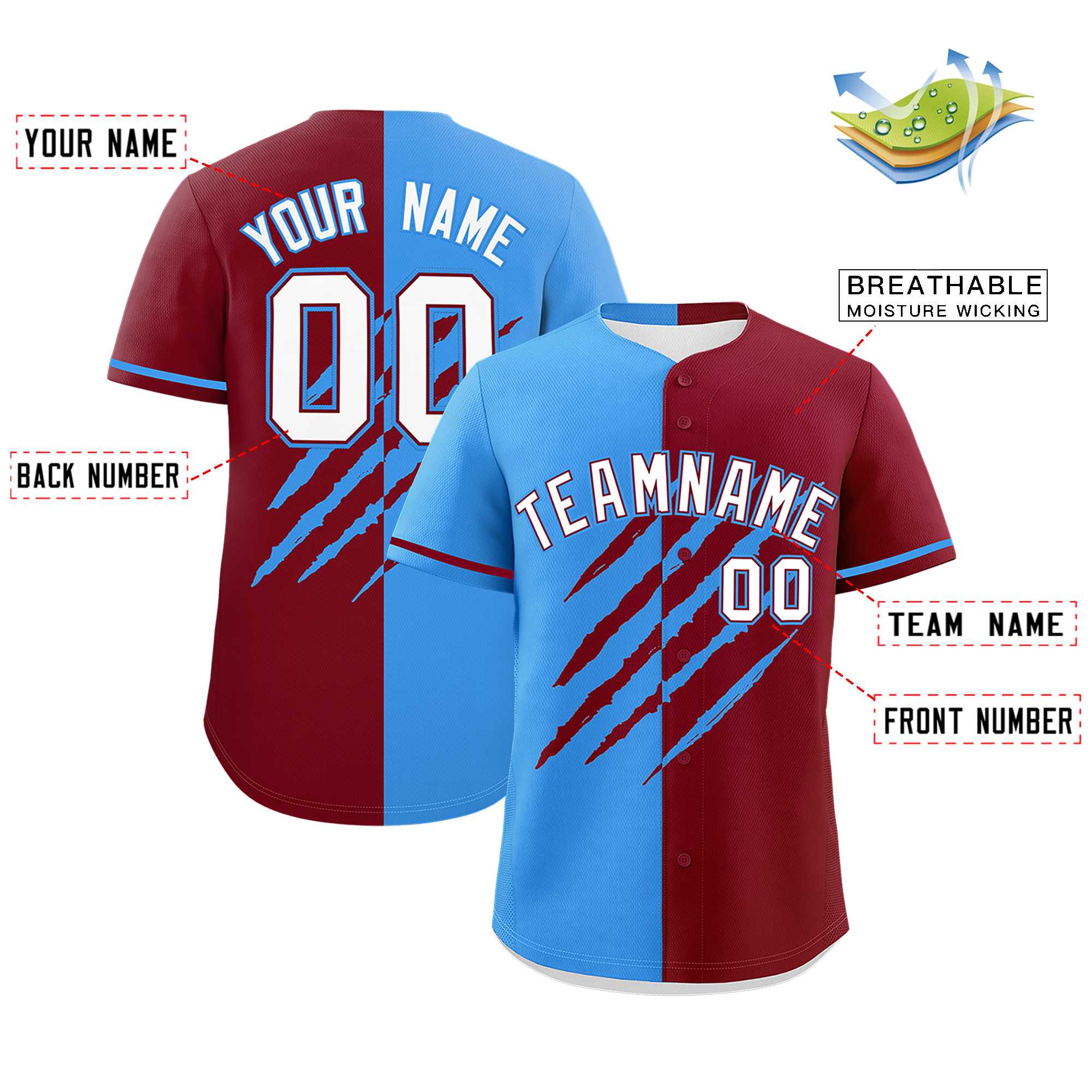 Custom Powder Blue Crimson Split Tiger Claw Scratch Pattern Baseball Jersey