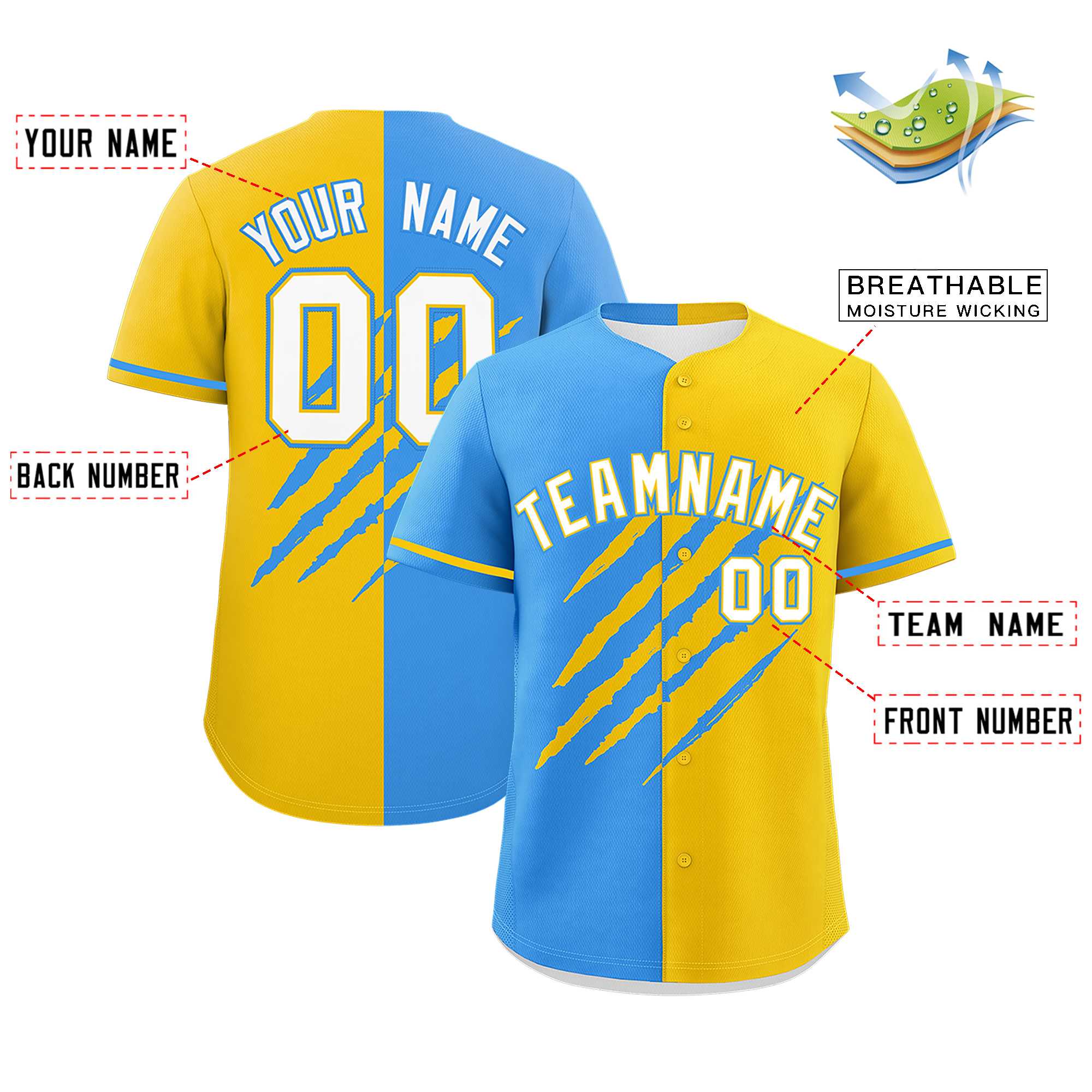 Custom Powder Blue Gold Split Tiger Claw Scratch Pattern Baseball Jersey