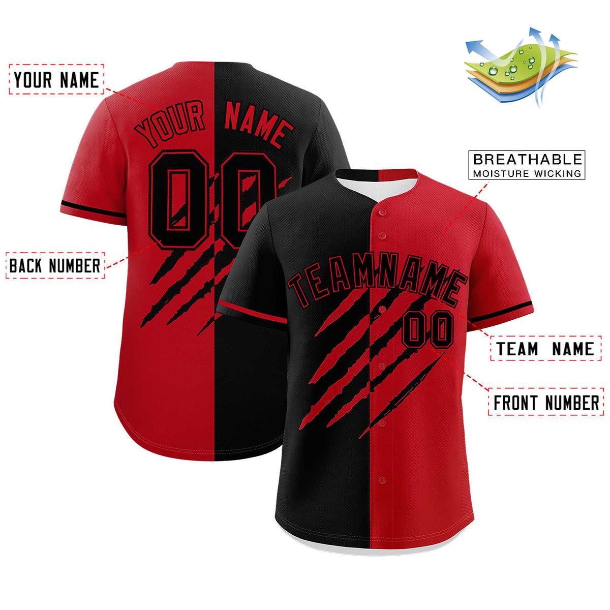 Custom Black Red Split Tiger Claw Scratch Pattern Baseball Jersey