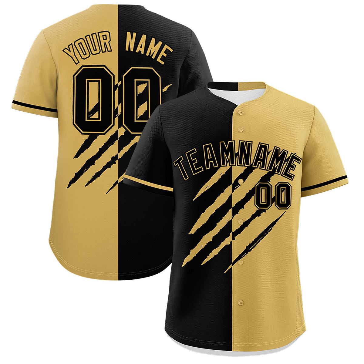 Custom Black Old Gold Split Tiger Claw Scratch Pattern Baseball Jersey
