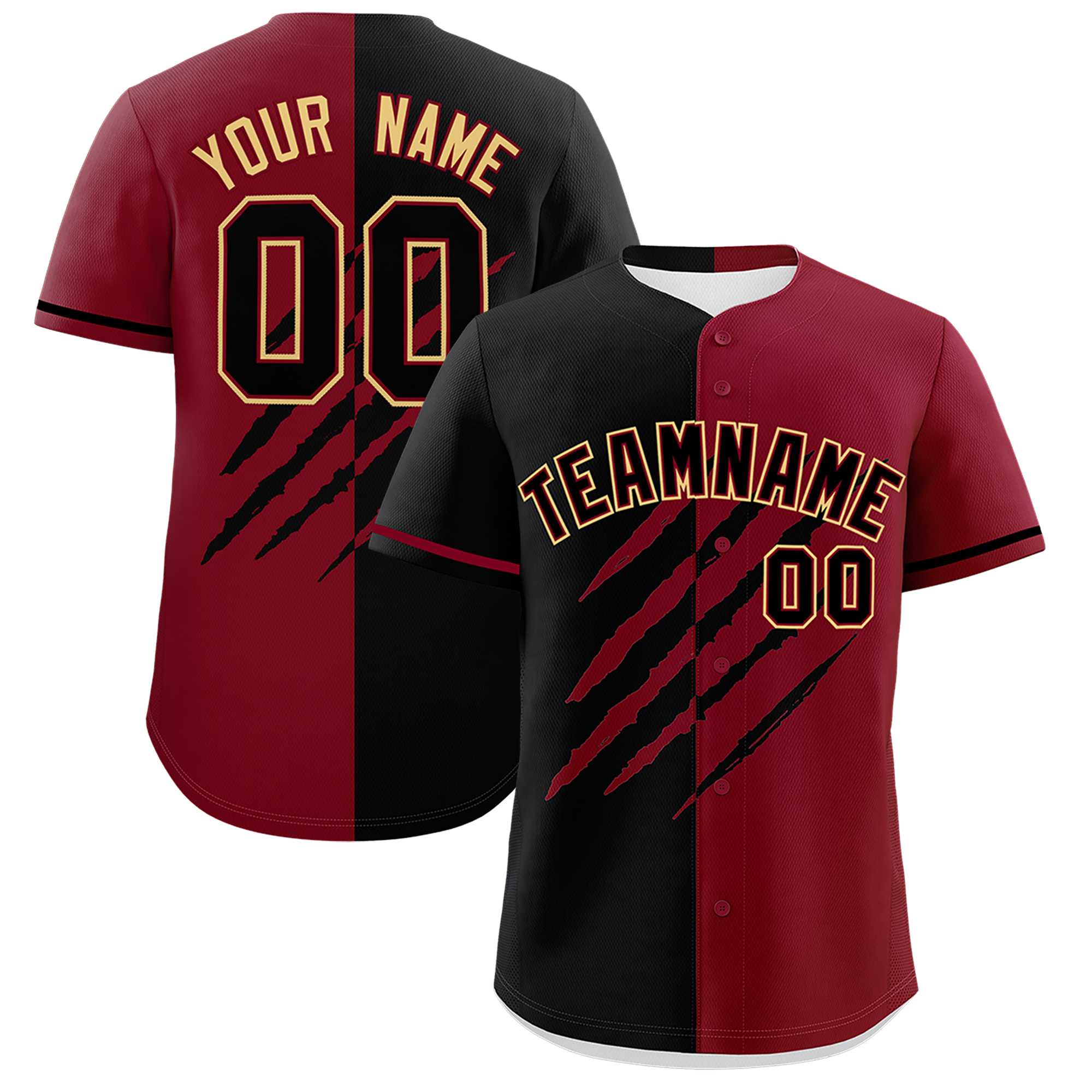 Custom Black Crimson Split Tiger Claw Scratch Pattern Baseball Jersey