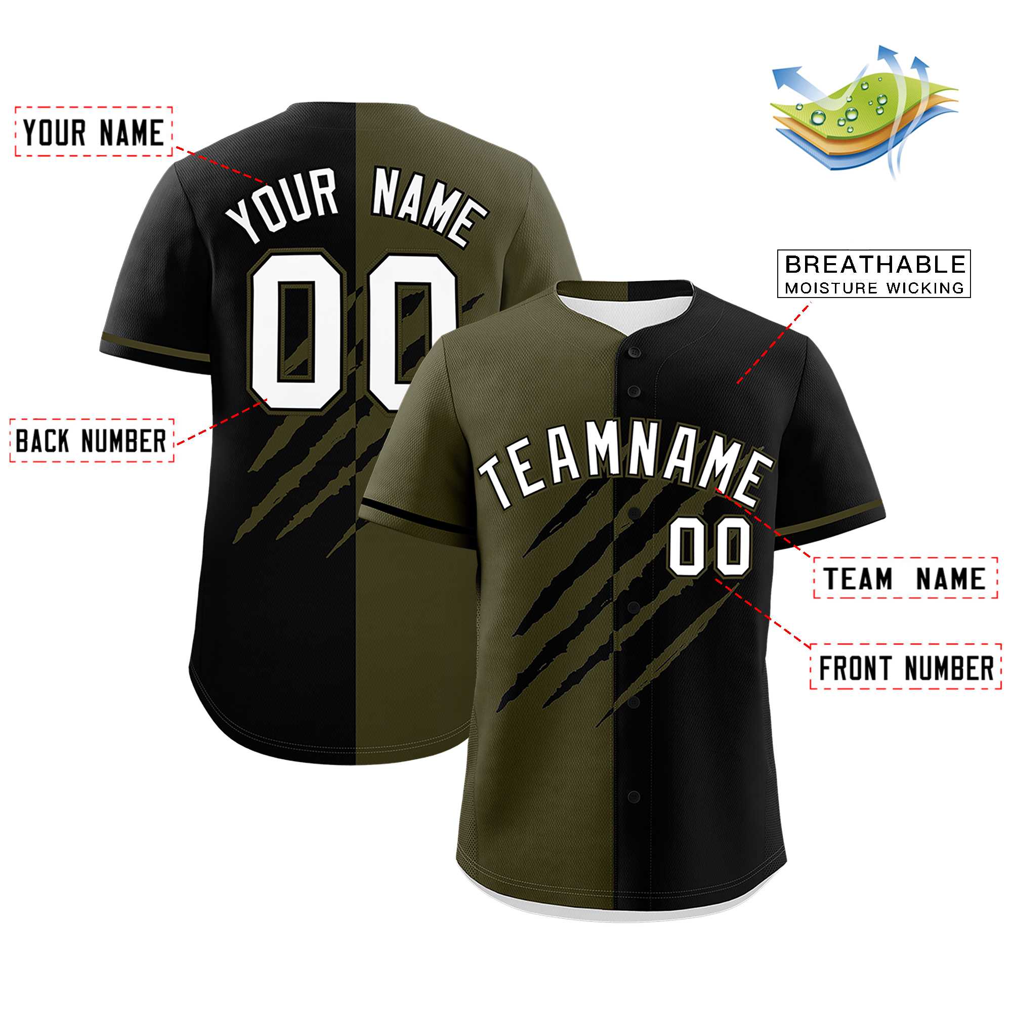 Custom Olive Black Split Tiger Claw Scratch Pattern Baseball Jersey