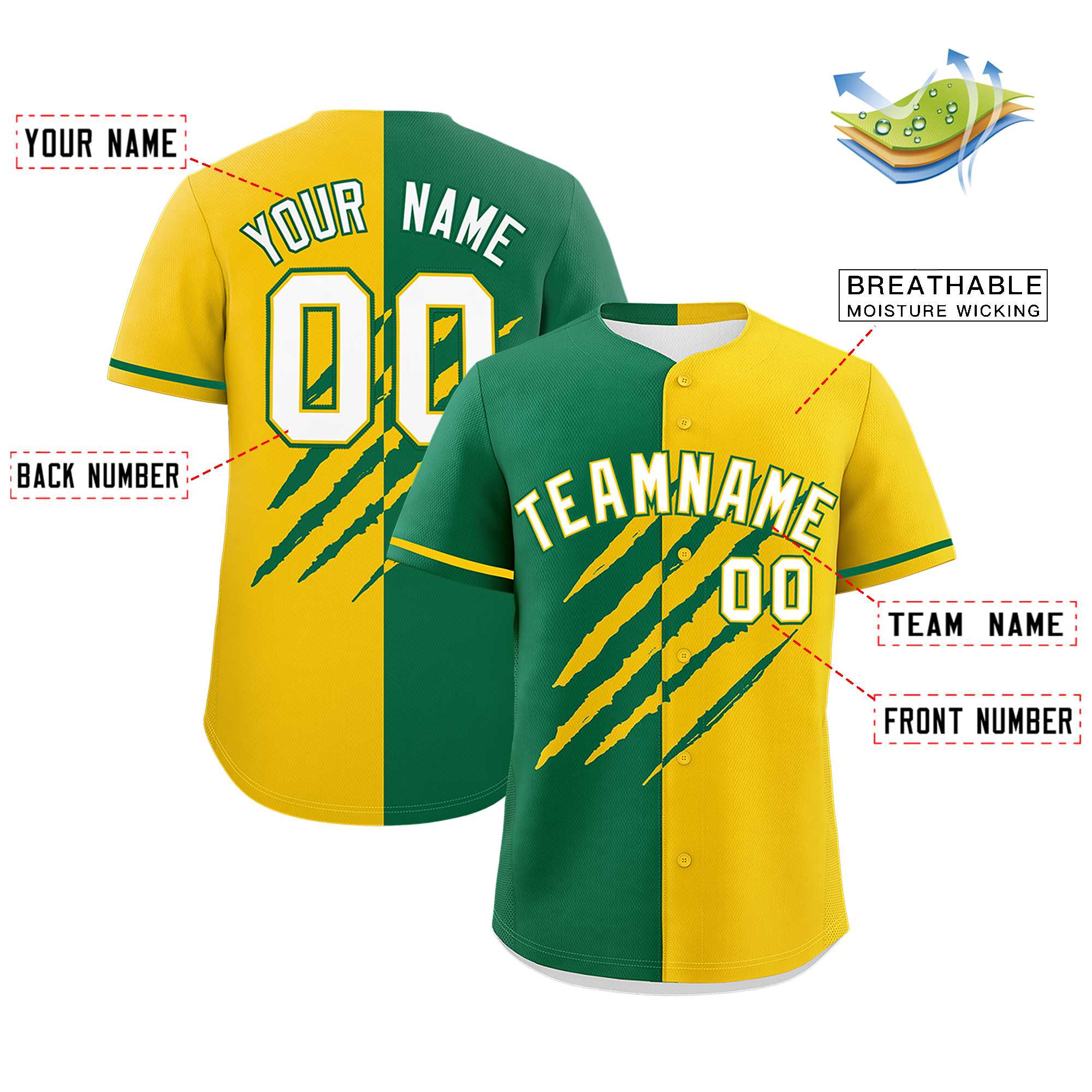 Custom Kelly Green Gold Split Tiger Claw Scratch Pattern Baseball Jersey