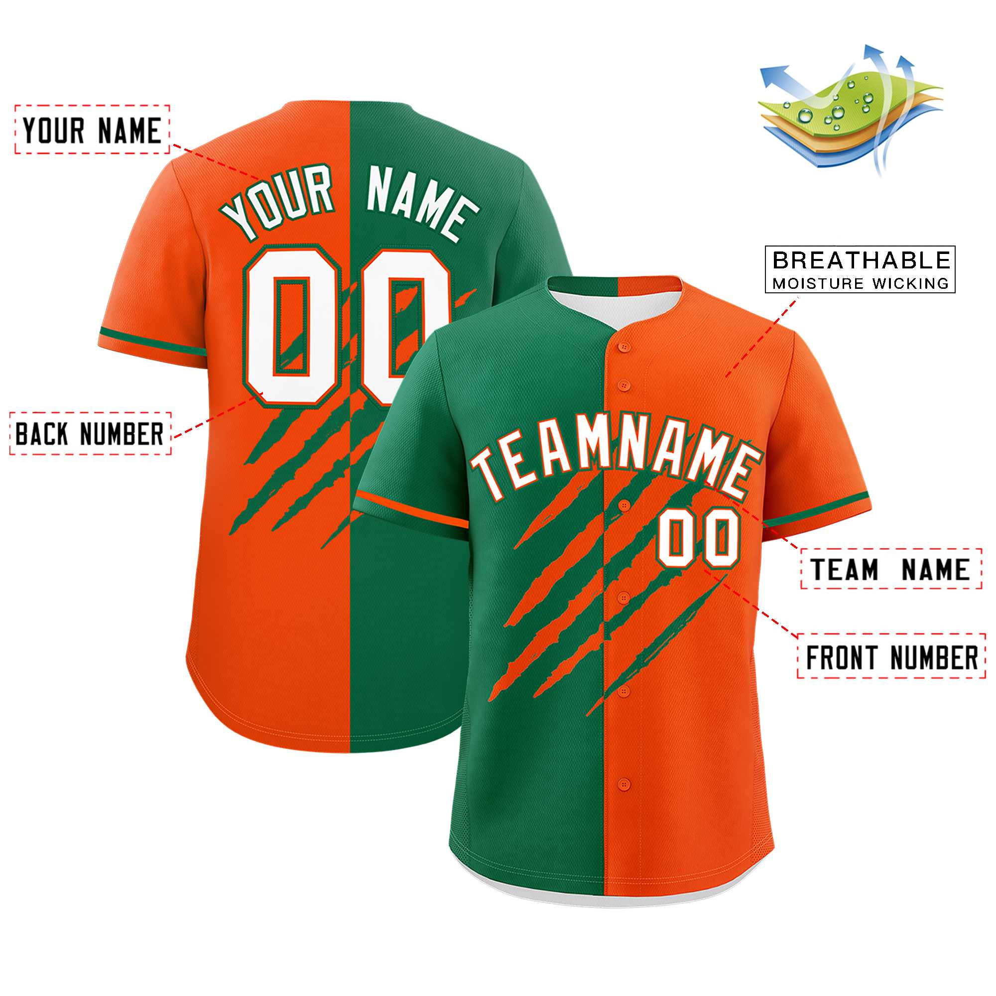 Custom Kelly Green Orange Split Tiger Claw Scratch Pattern Baseball Jersey
