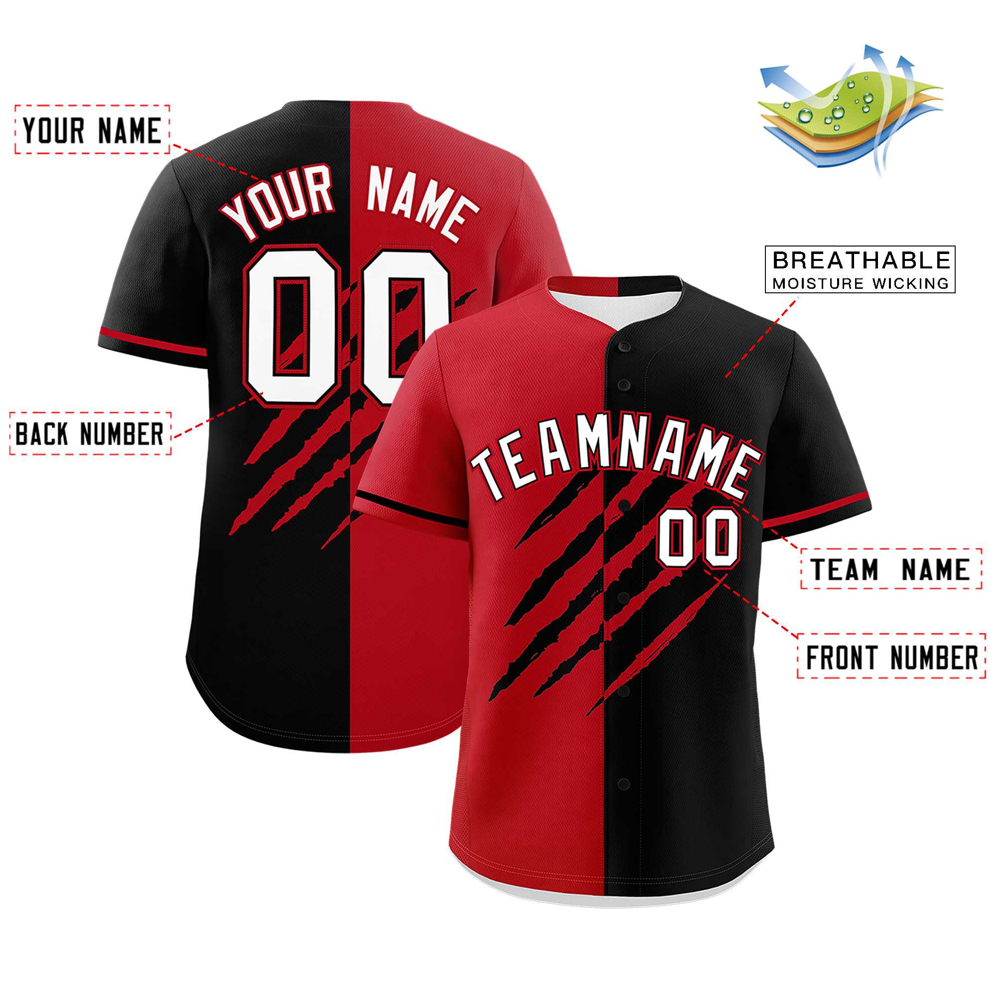 Custom Red Black Split Tiger Claw Scratch Pattern Baseball Jersey