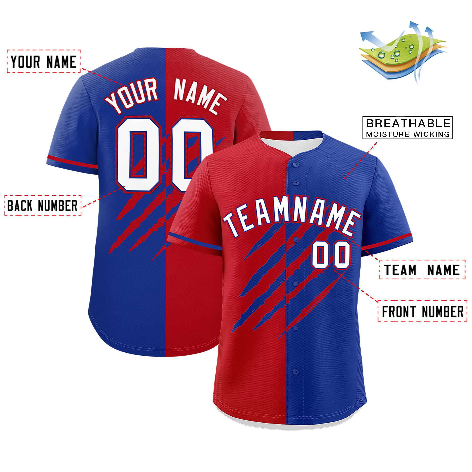 Custom Red Royal Blue Split Tiger Claw Scratch Pattern Baseball Jersey