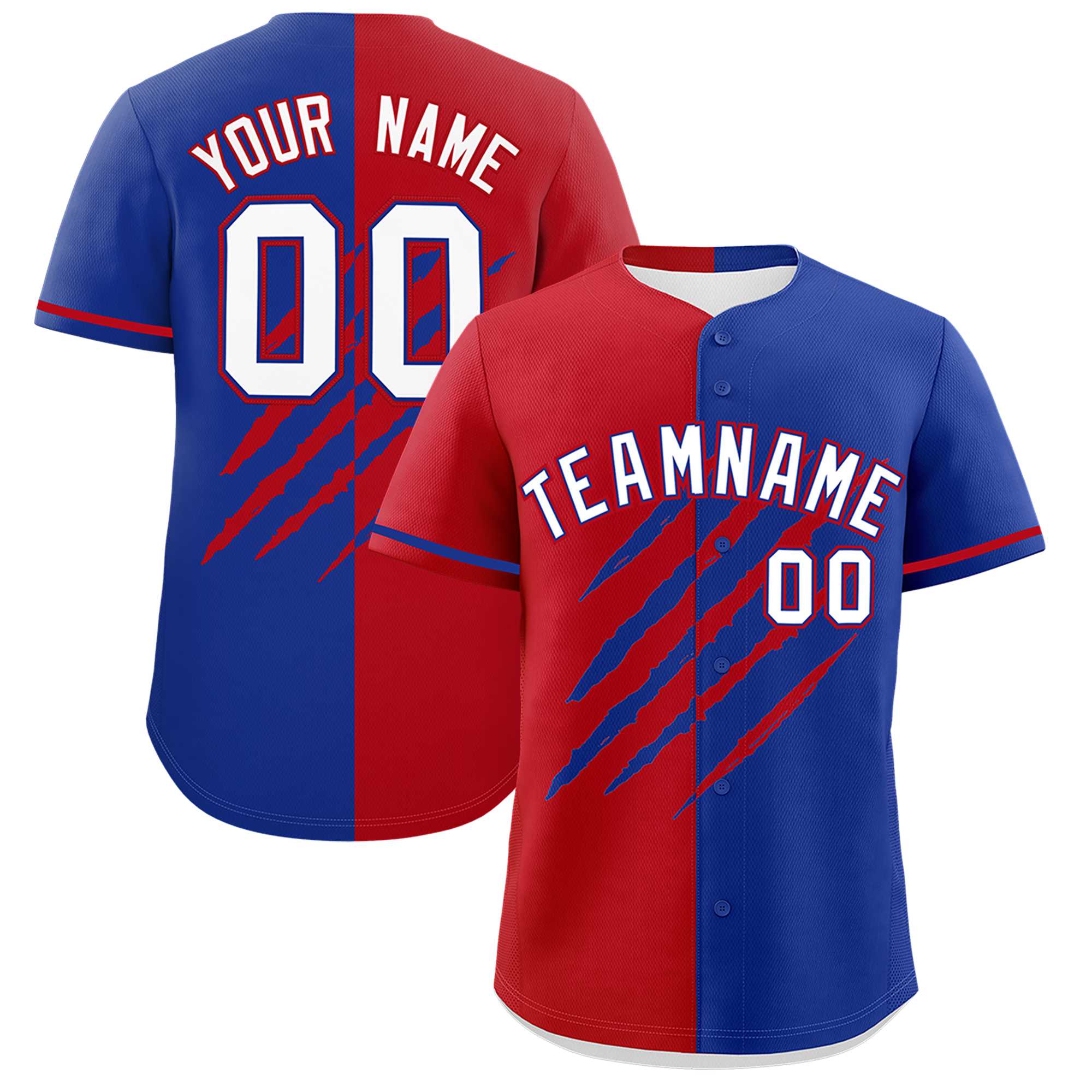 Custom Red Royal Blue Split Tiger Claw Scratch Pattern Baseball Jersey