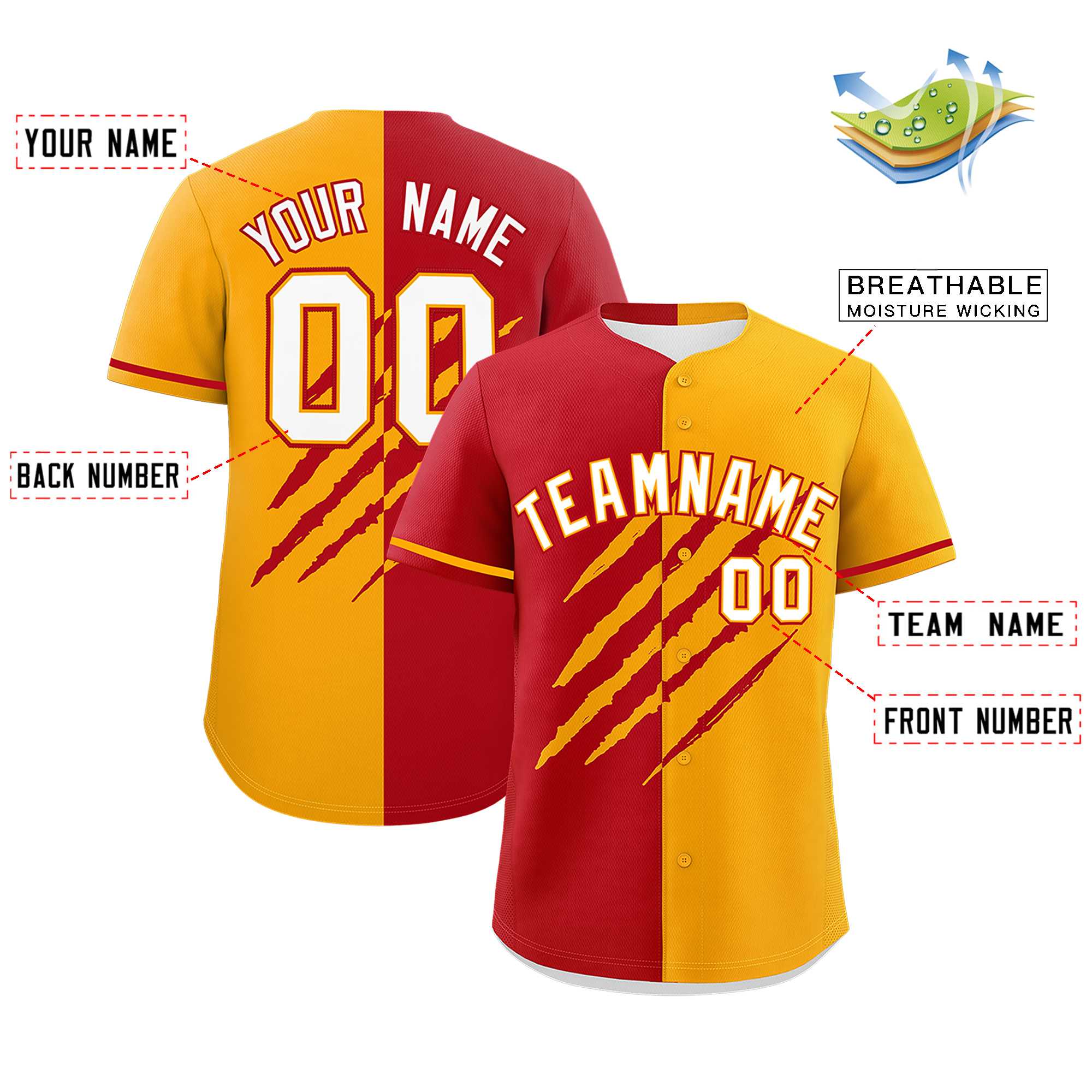 Custom Red Yellow Split Tiger Claw Scratch Pattern Baseball Jersey