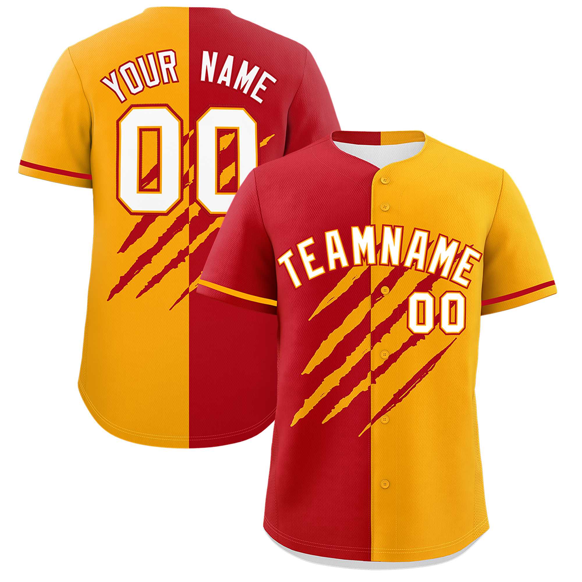 Custom Red Yellow Split Tiger Claw Scratch Pattern Baseball Jersey