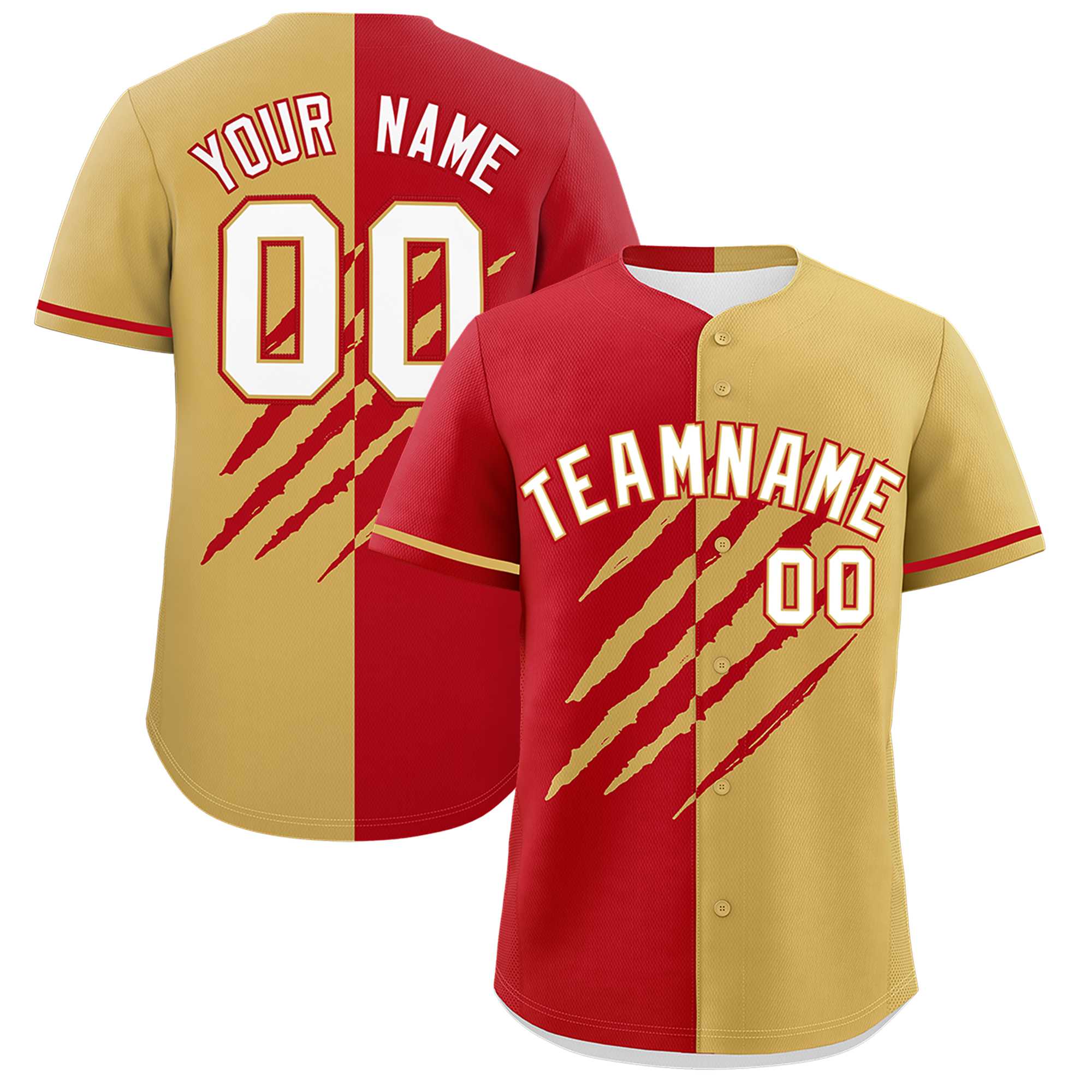 Custom Red Old Gold Split Tiger Claw Scratch Pattern Baseball Jersey