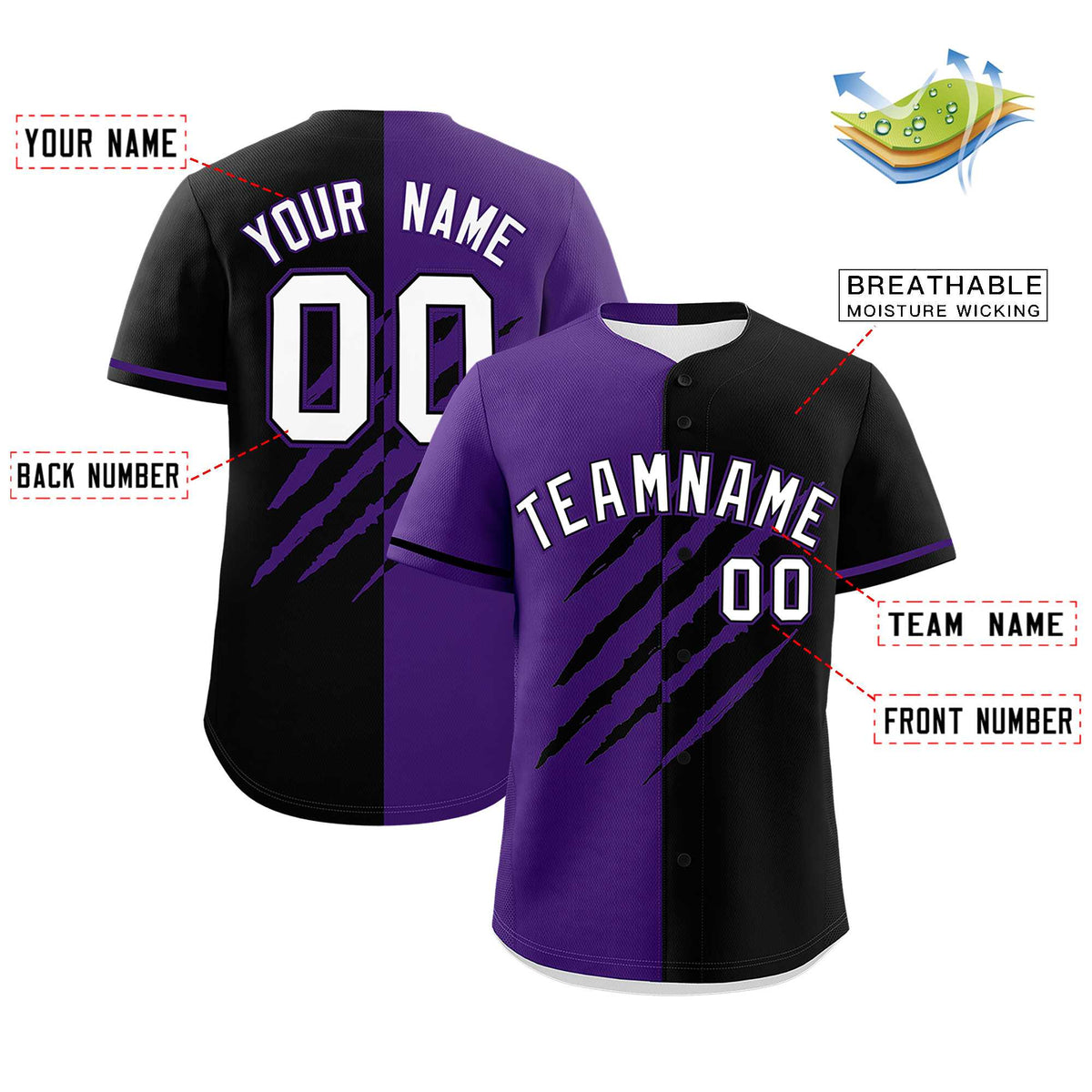 Custom Purple Black Split Tiger Claw Scratch Pattern Baseball Jersey