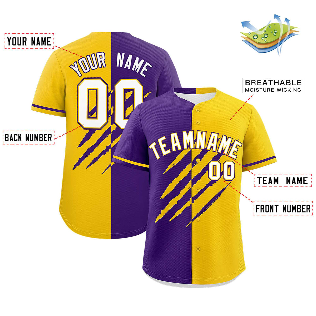 Custom Purple Gold Split Tiger Claw Scratch Pattern Baseball Jersey