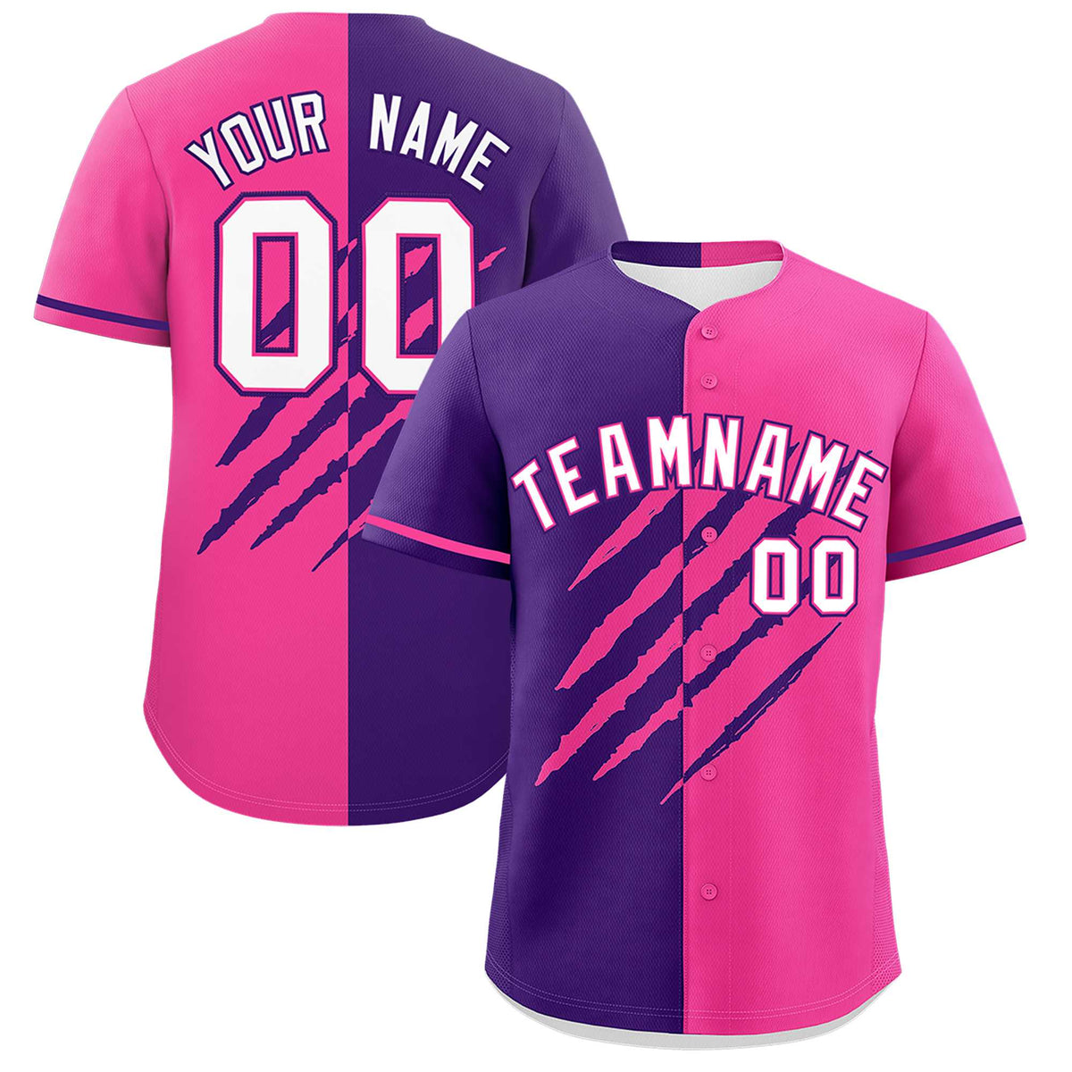 Custom Purple Pink Split Tiger Claw Scratch Pattern Baseball Jersey
