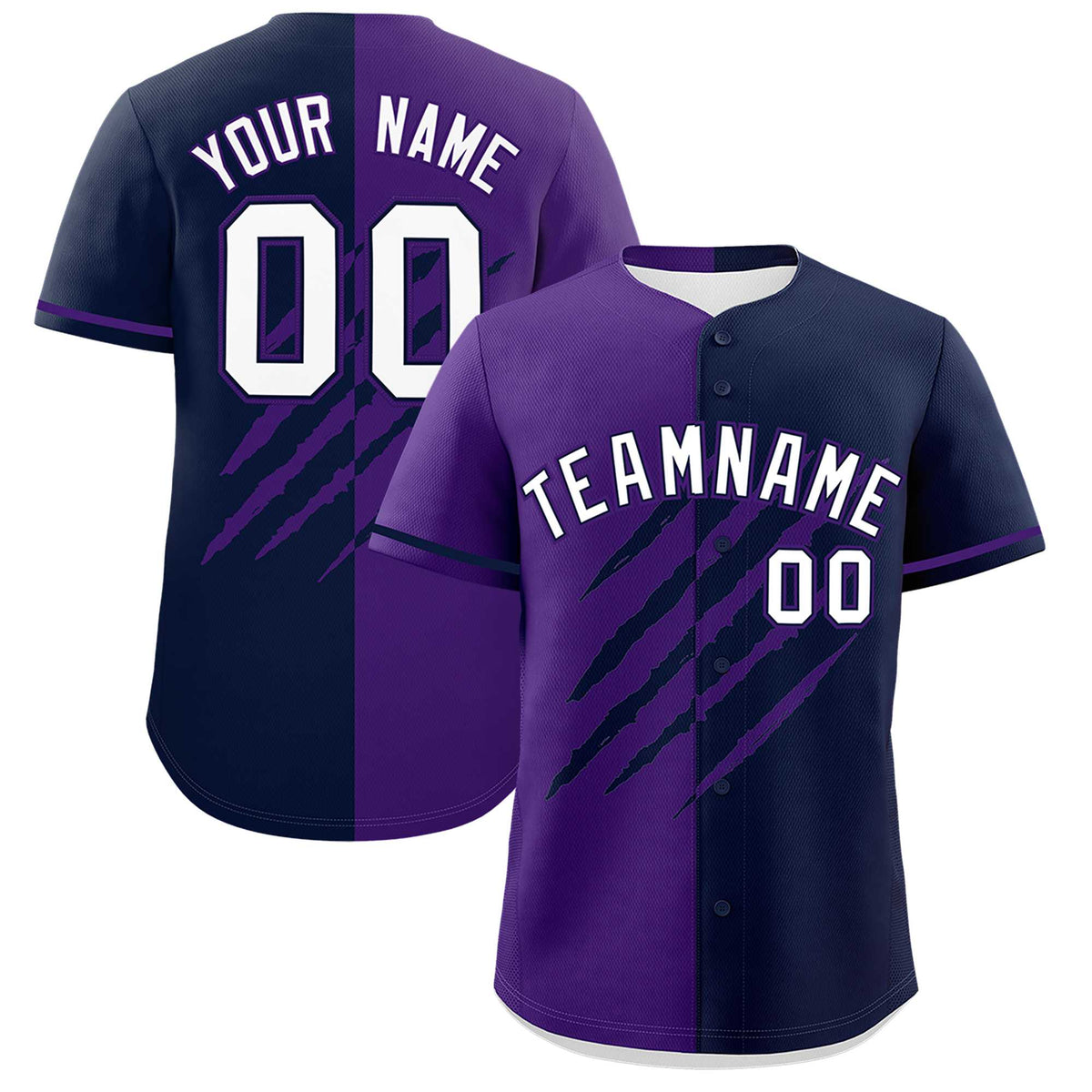 Custom Purple Navy Split Tiger Claw Scratch Pattern Baseball Jersey