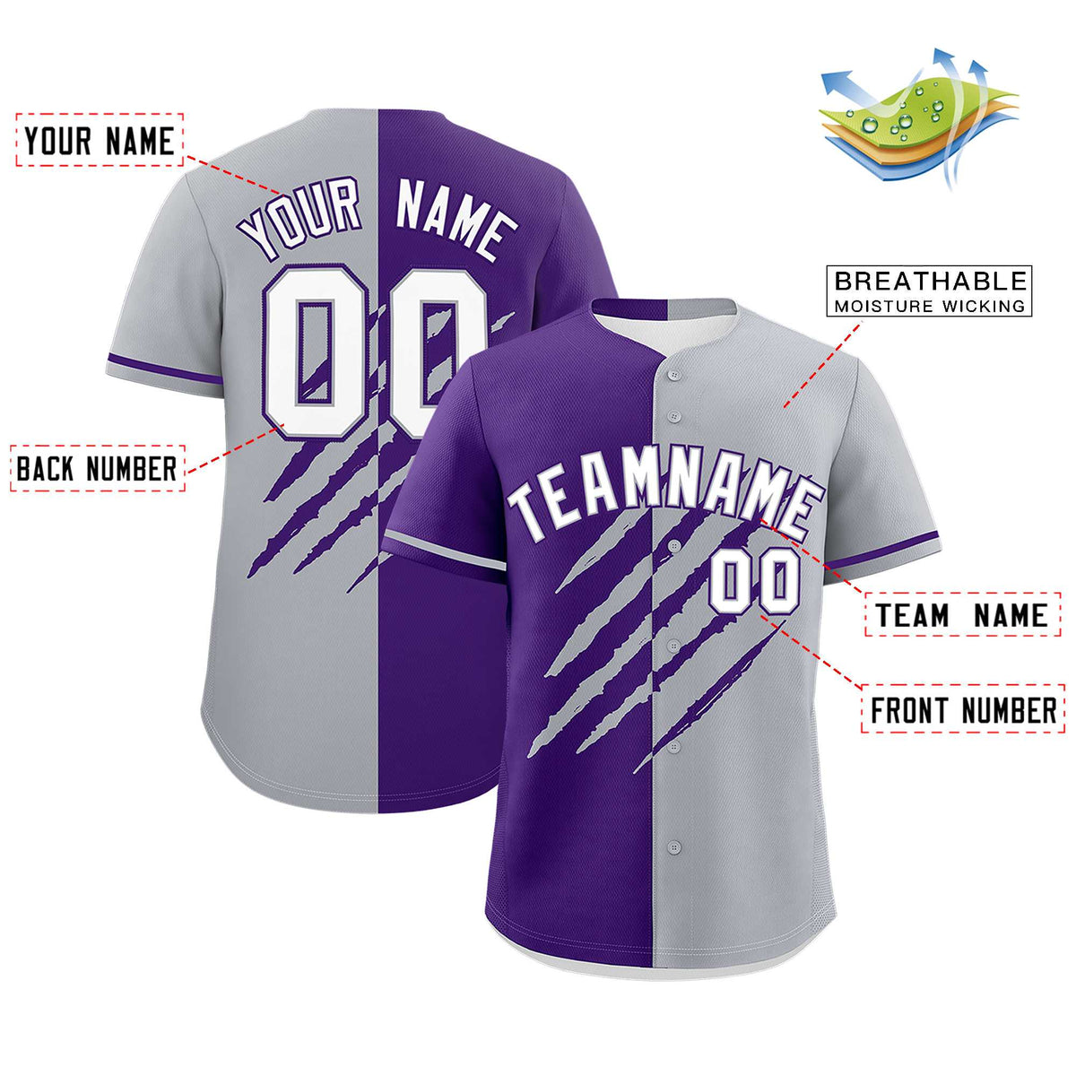 Custom Purple Gray Split Tiger Claw Scratch Pattern Baseball Jersey