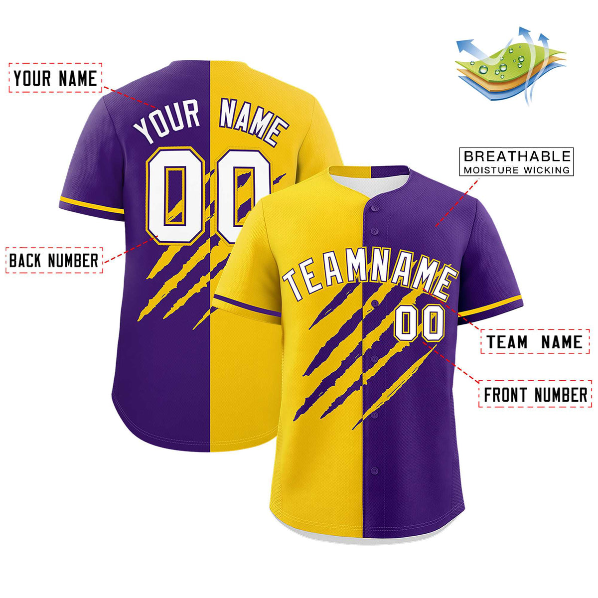 Custom Gold Purple Split Tiger Claw Scratch Pattern Baseball Jersey