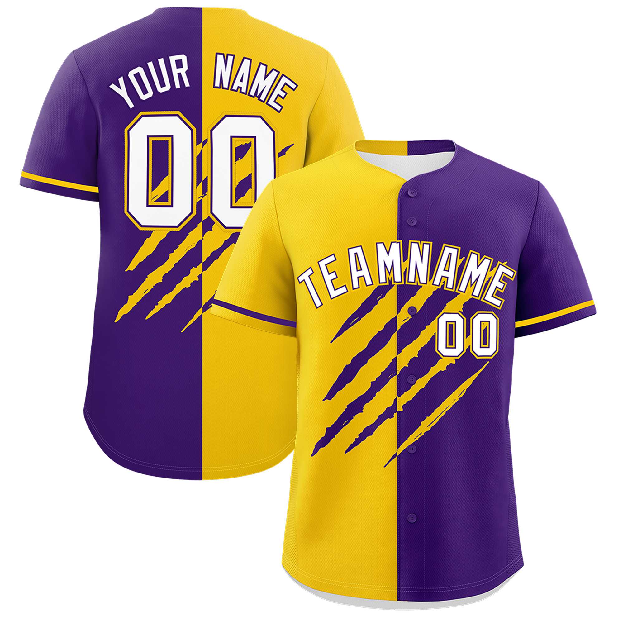Custom Gold Purple Split Tiger Claw Scratch Pattern Baseball Jersey
